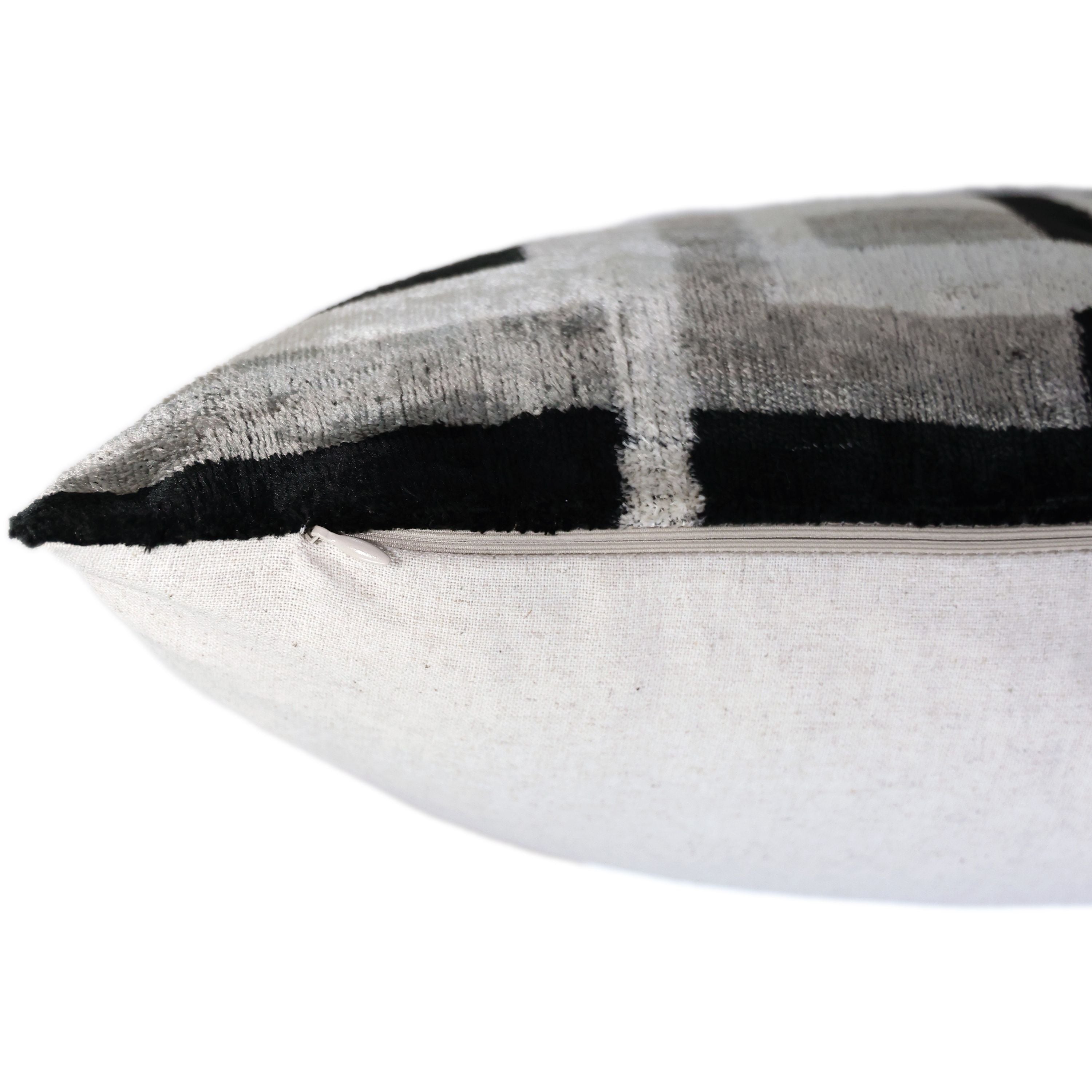 Hand-Knotted Geometric Maze Silk Velvet Pillow - 20x20 Black & Silver