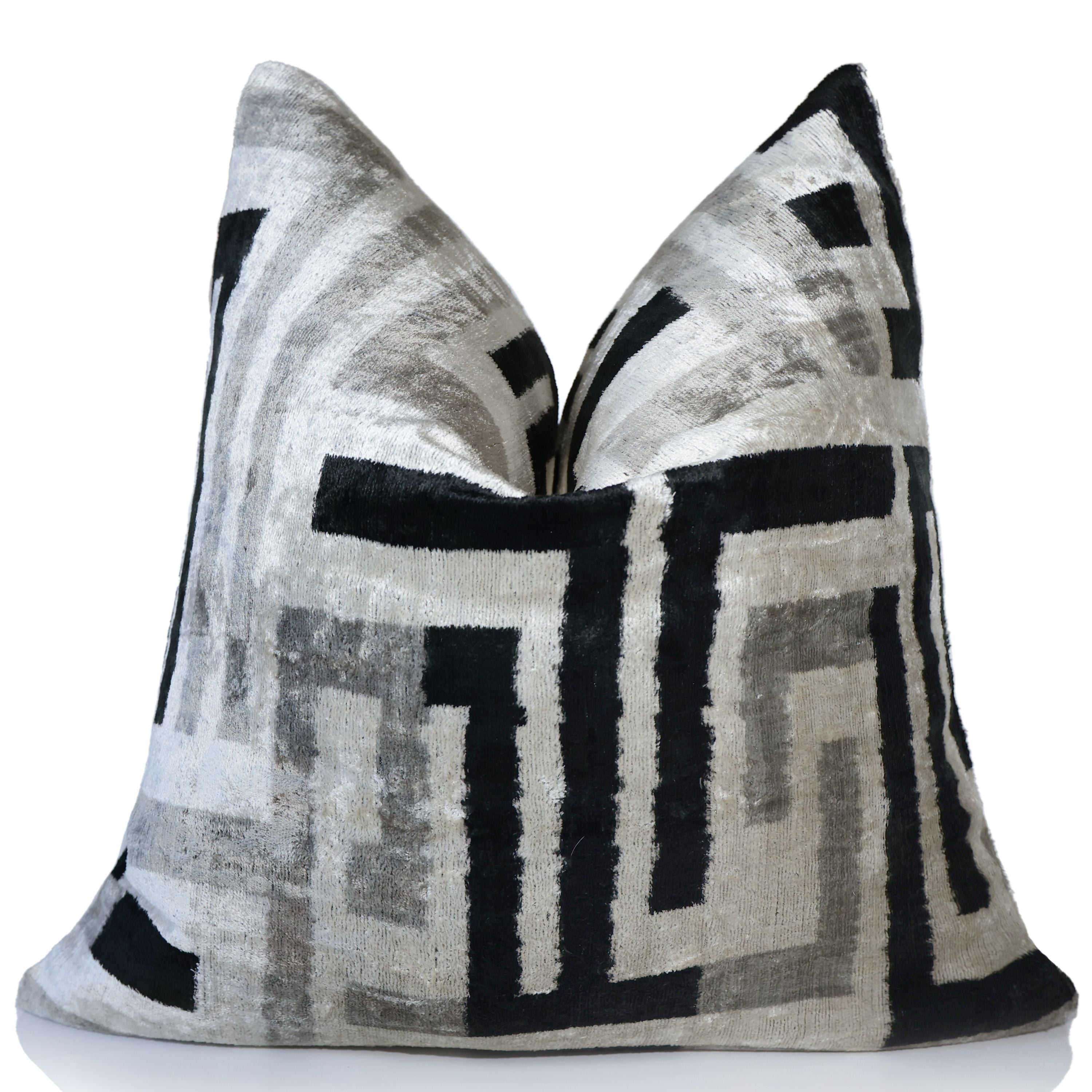 Hand-Knotted Geometric Maze Silk Velvet Pillow - 20x20 Black & Silver