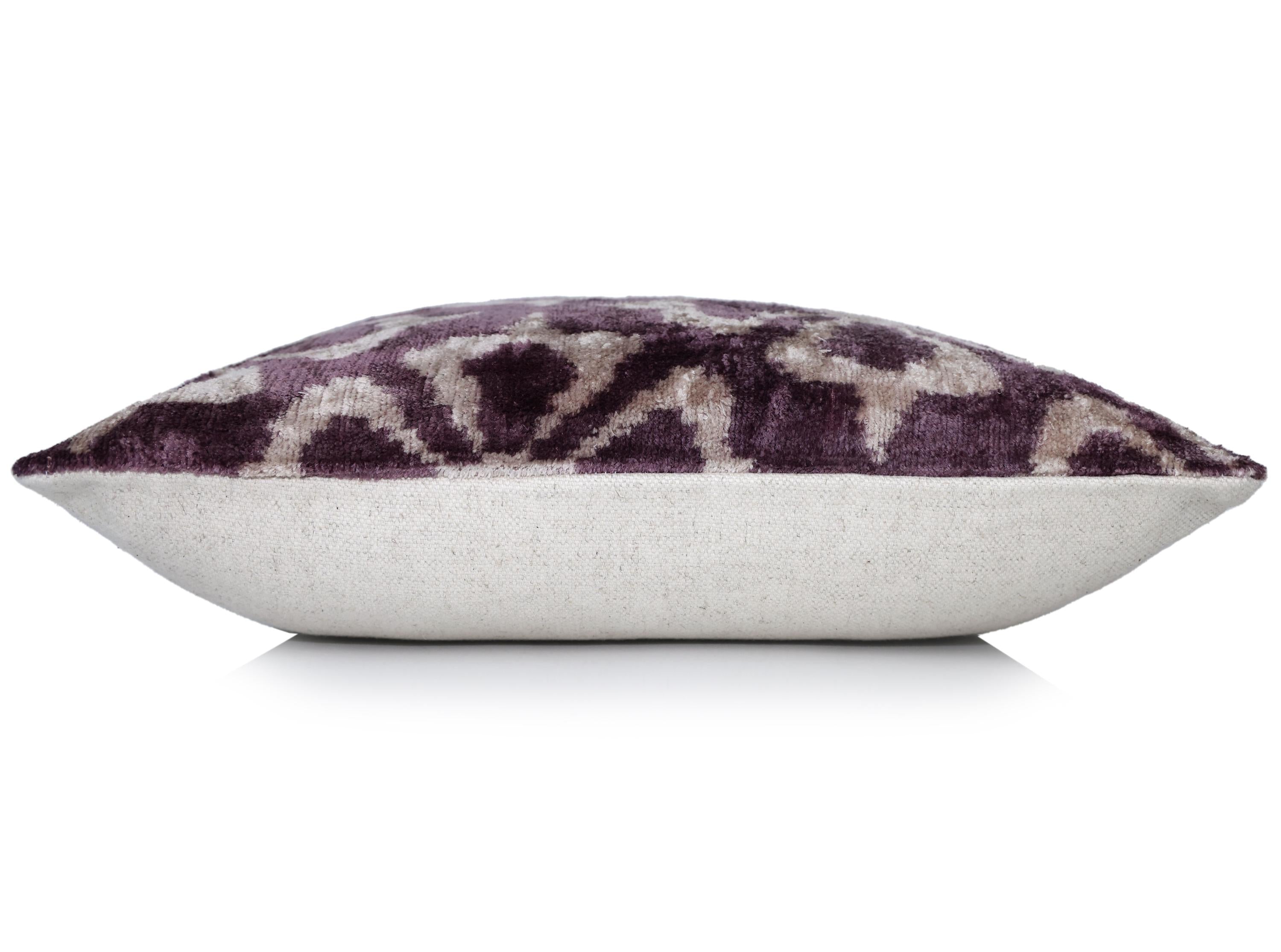 Hand-Knotted Plum Ikat Silk Velvet Pillow - 16x16 Organic Vegetable Dyed