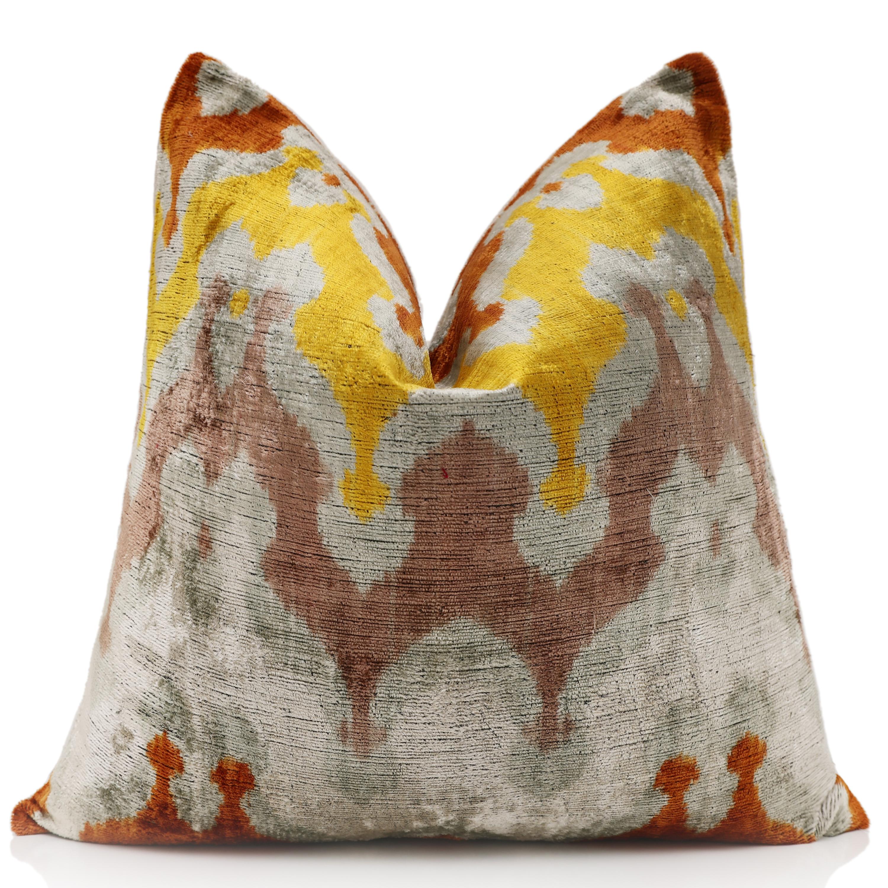Luxury Handmade Silk Velvet Ikat Pillow 20x20 Inch Organic Vegetable Dyed