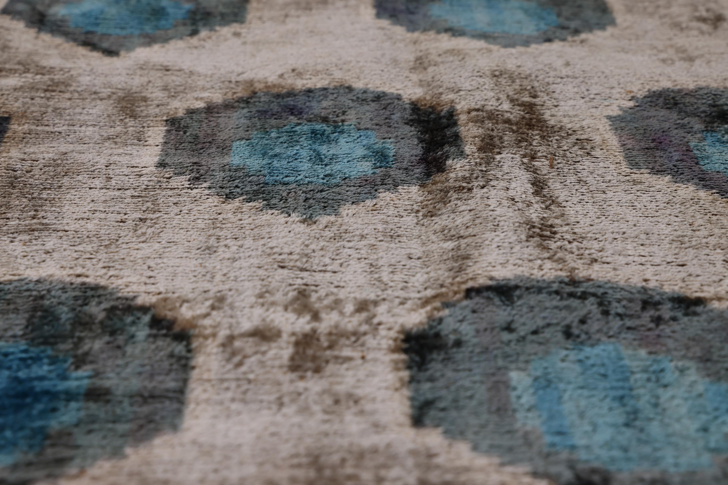 Handwoven Organic Silk Velvet Throw Pillow 20x20 – Neutral Taupe with Teal Ikat Motif