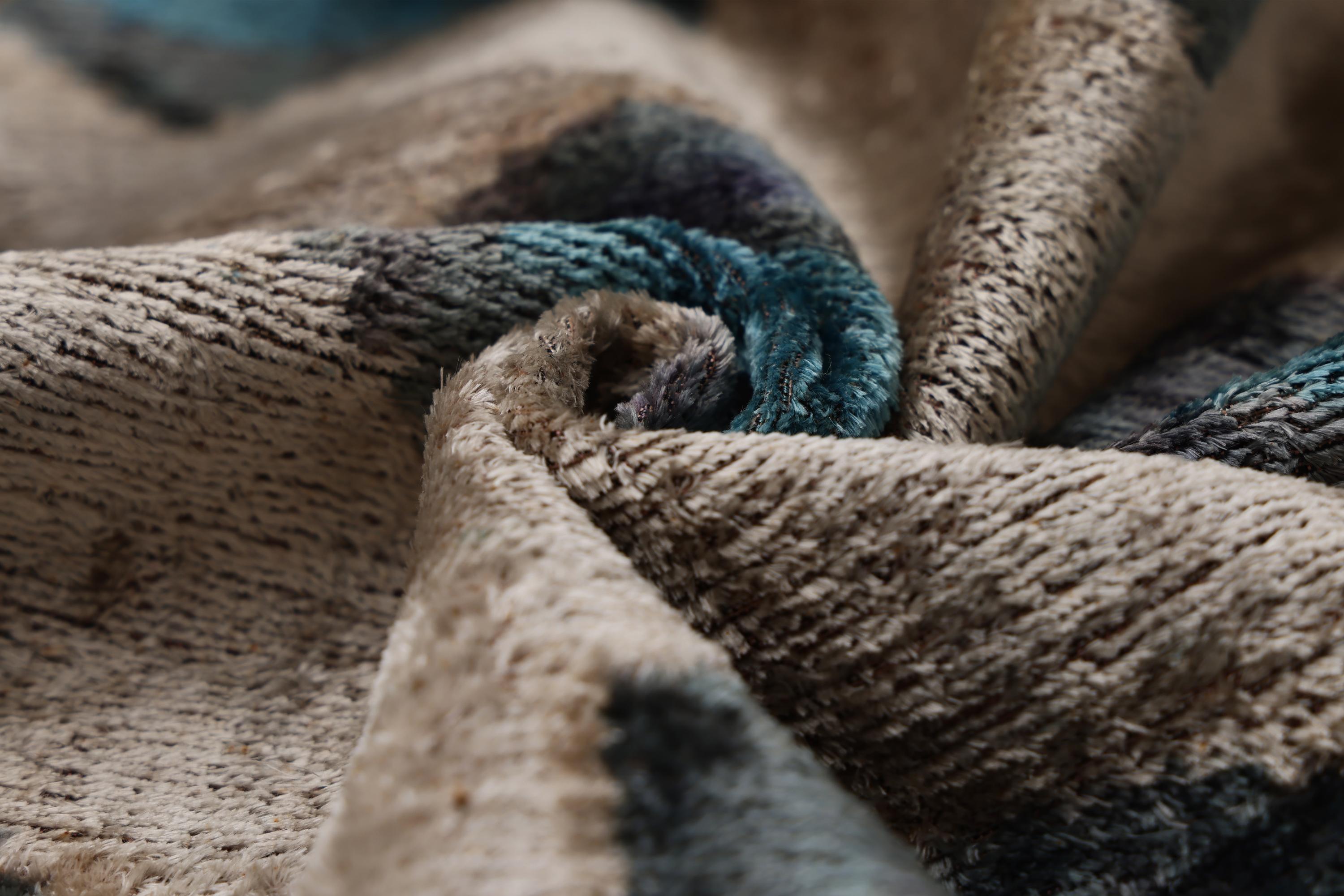 Handwoven Organic Silk Velvet Throw Pillow 20x20 – Neutral Taupe with Teal Ikat Motif