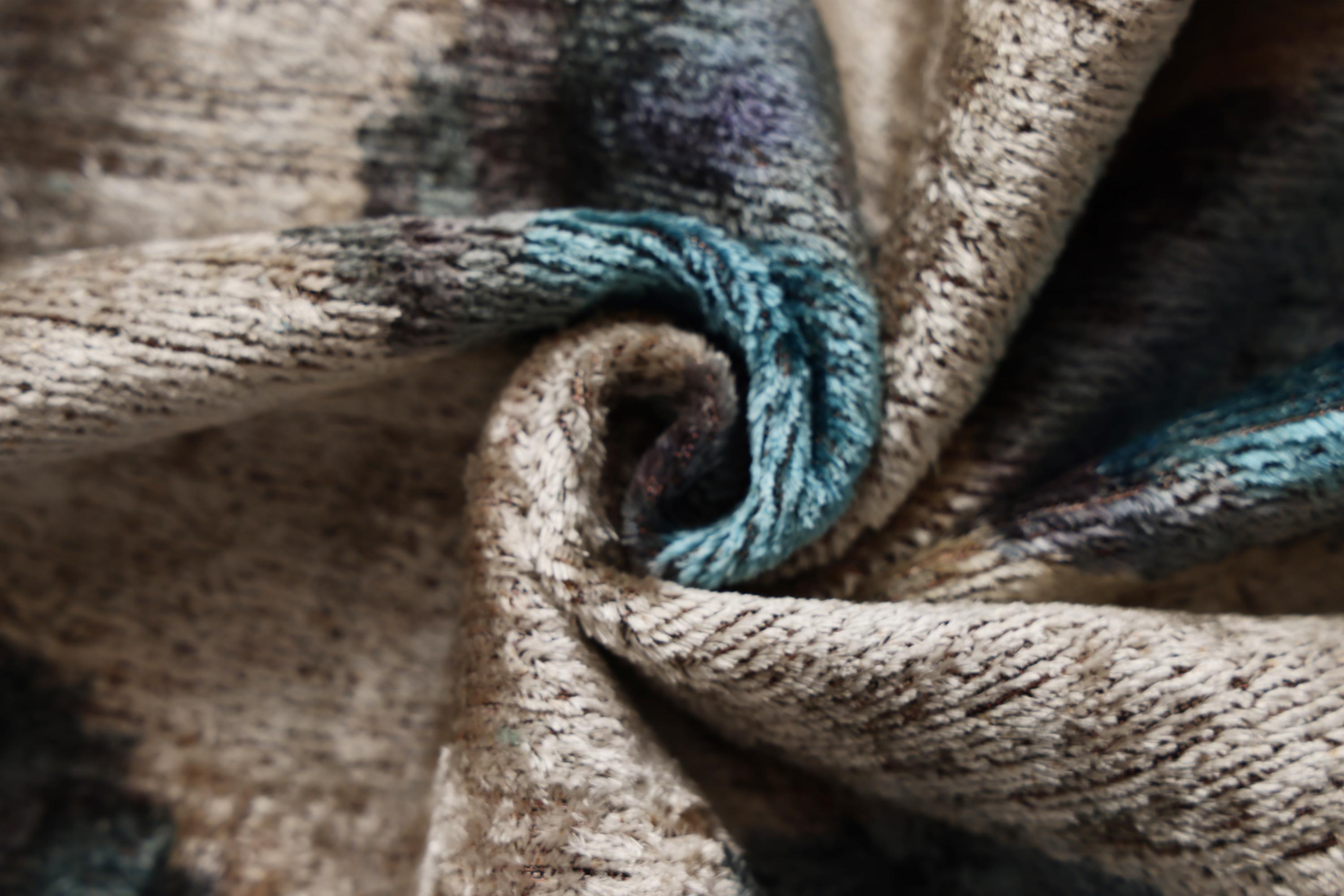 Handwoven Organic Silk Velvet Throw Pillow 20x20 – Neutral Taupe with Teal Ikat Motif