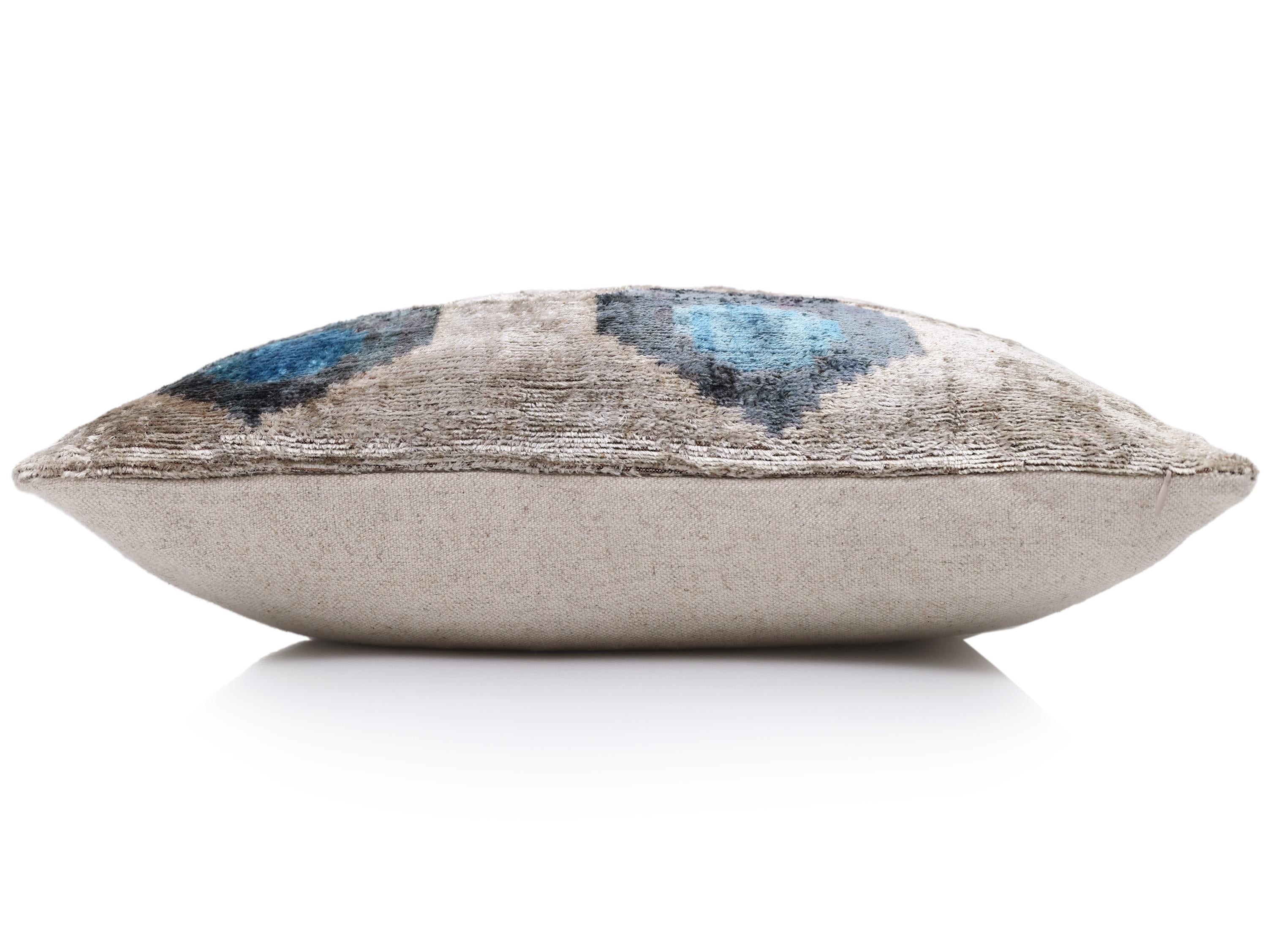 Handwoven Organic Silk Velvet Throw Pillow 20x20 – Neutral Taupe with Teal Ikat Motif