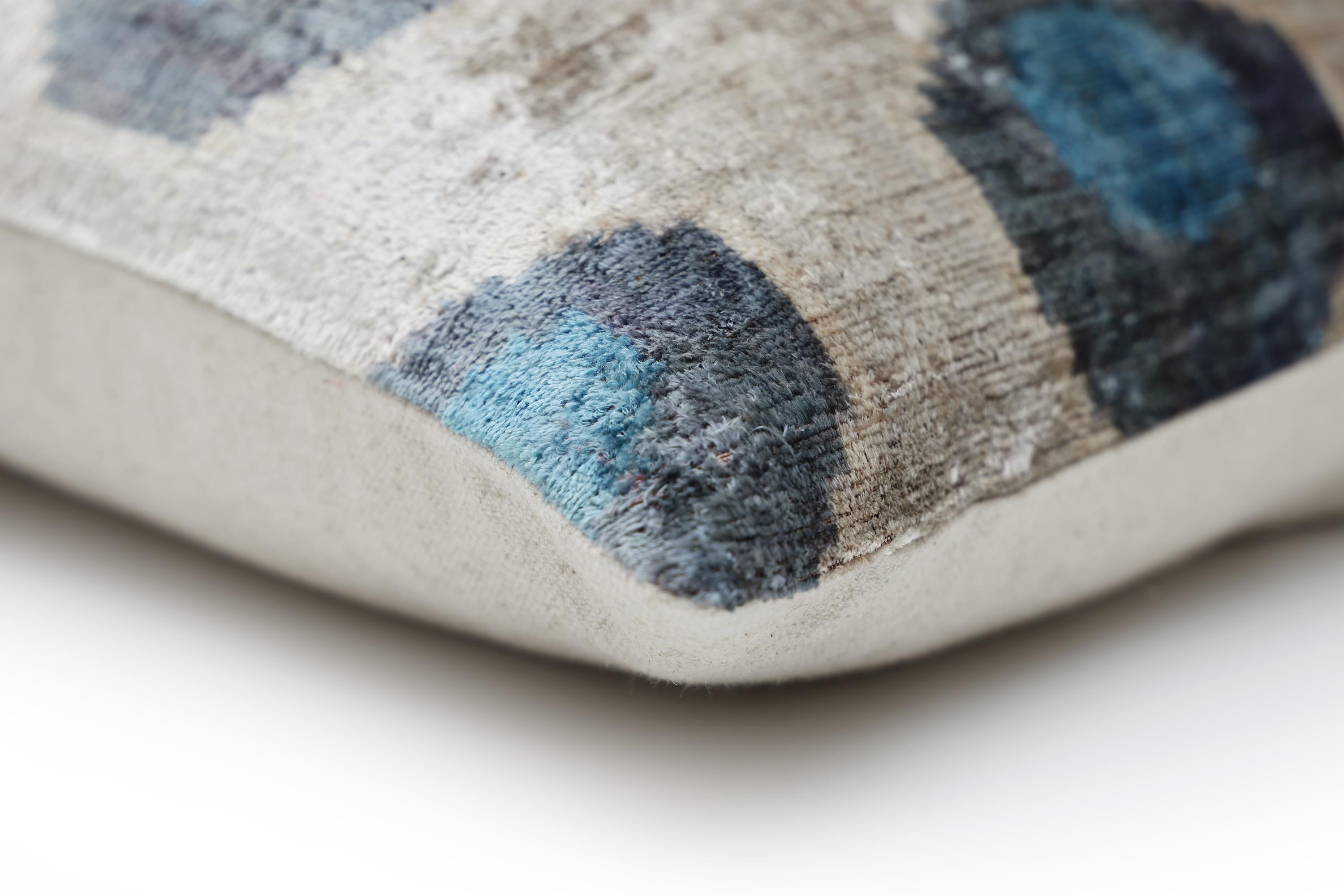 Handwoven Organic Silk Velvet Throw Pillow 20x20 – Neutral Taupe with Teal Ikat Motif