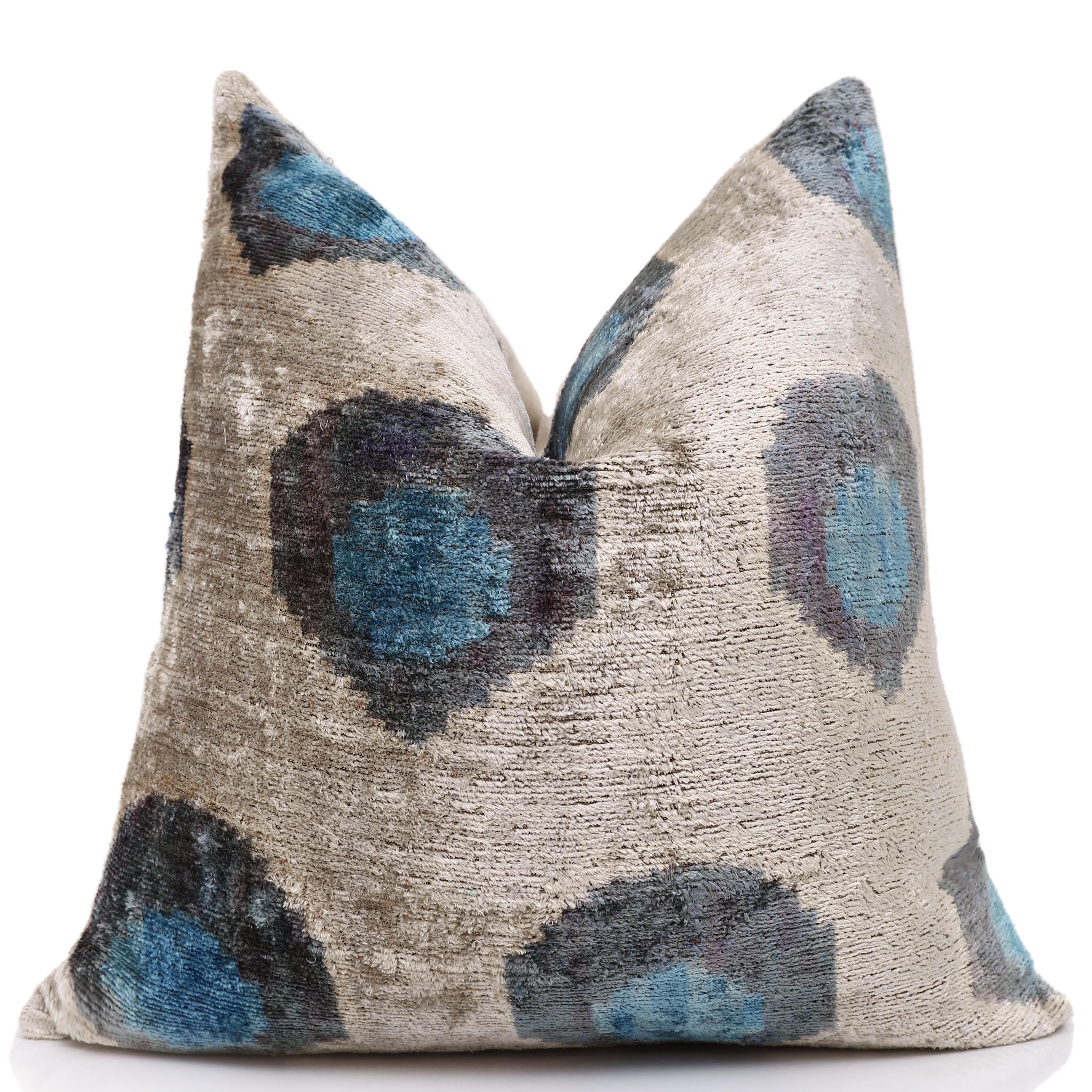 Handwoven Organic Silk Velvet Throw Pillow 20x20 – Neutral Taupe with Teal Ikat Motif