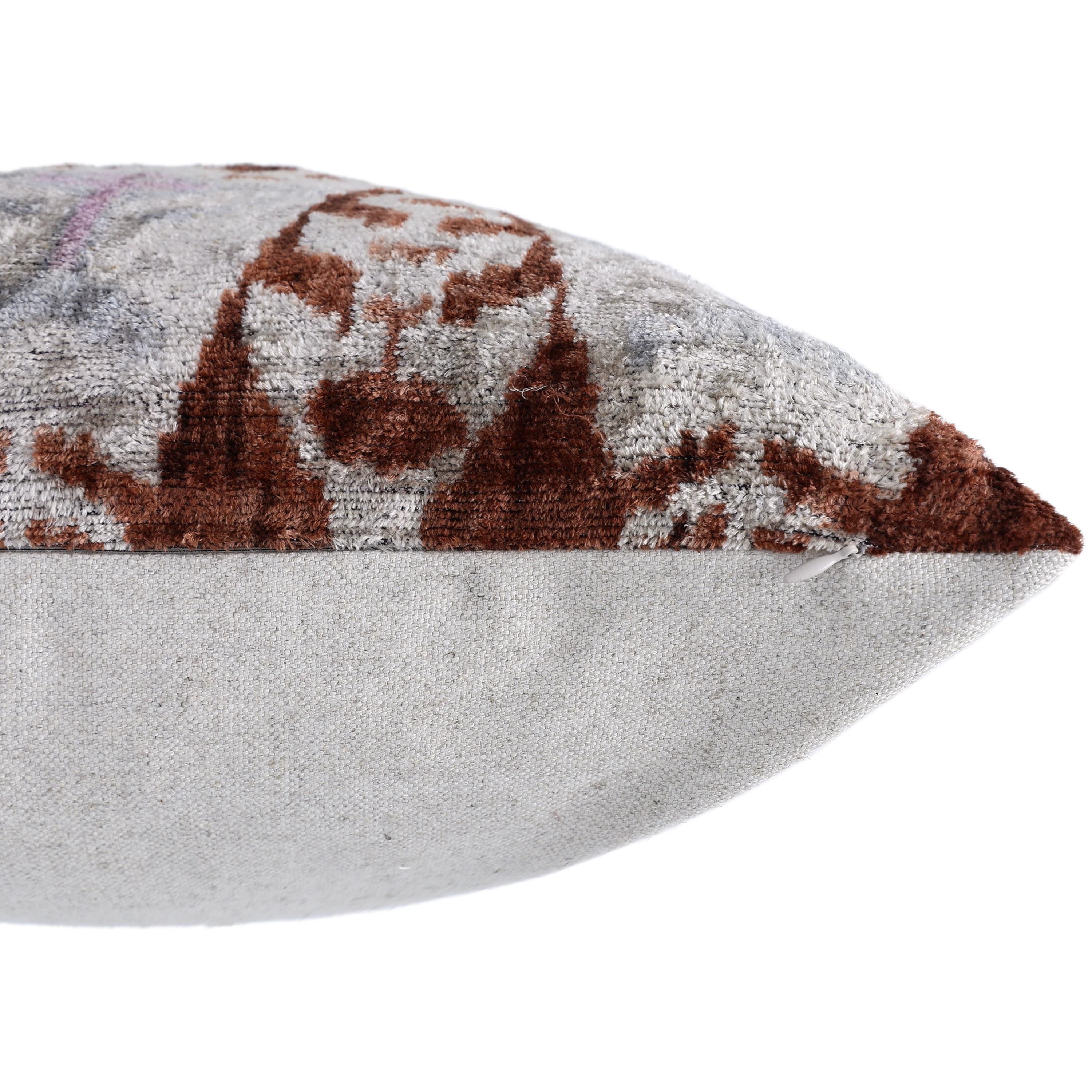 The Rust & Icy Lilac Vertical Ikat Silk Velvet Pillow - 20" x 20"