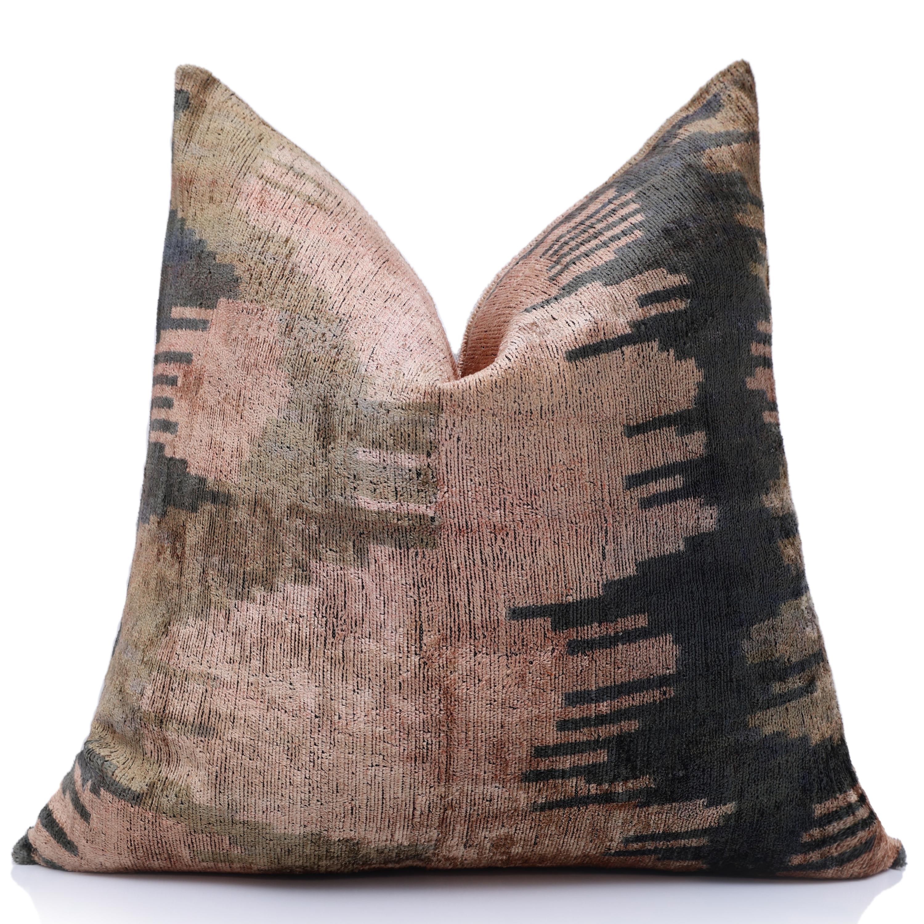 The Abstract Landscape Painterly Silk Velvet Pillow - Dusty Rose & Charcoal 20x20