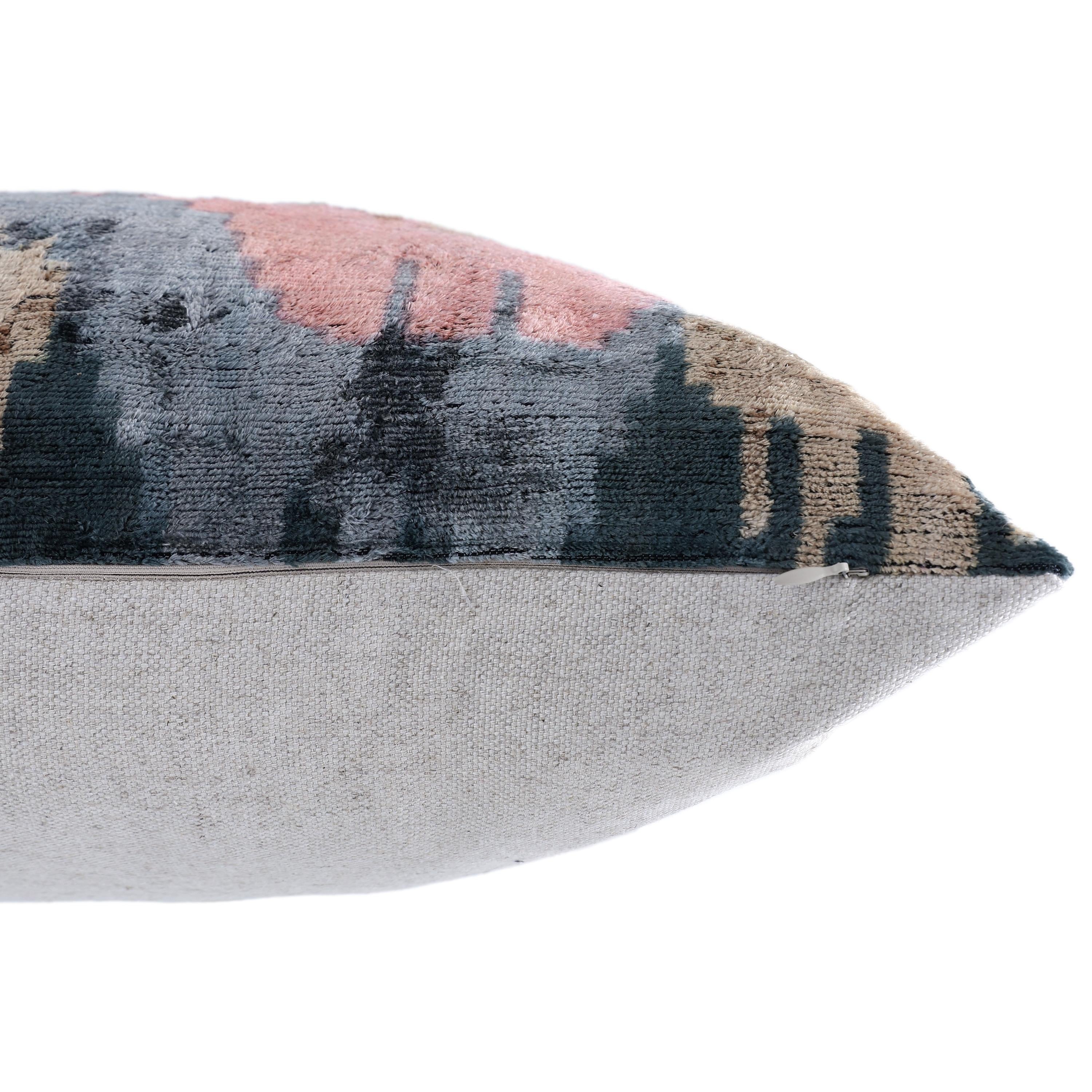 The Designer's Choice: Slate Blue & Dusty Rose Ikat Velvet Pillow 20x20 in