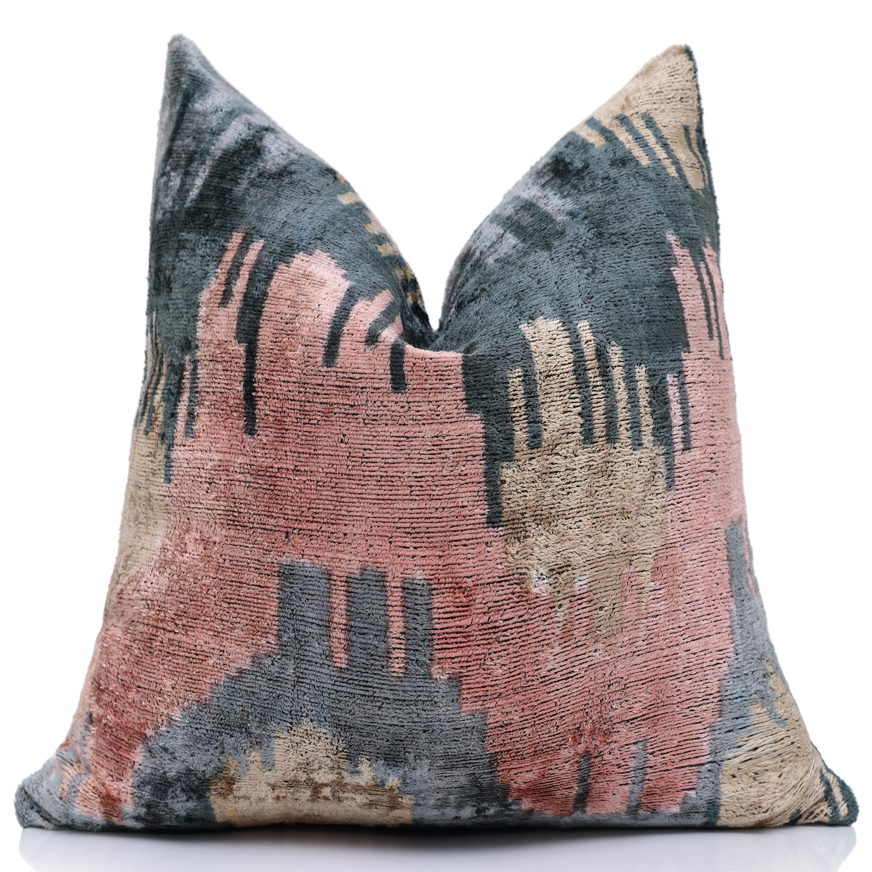 The Designer's Choice: Slate Blue & Dusty Rose Ikat Velvet Pillow 20x20 in