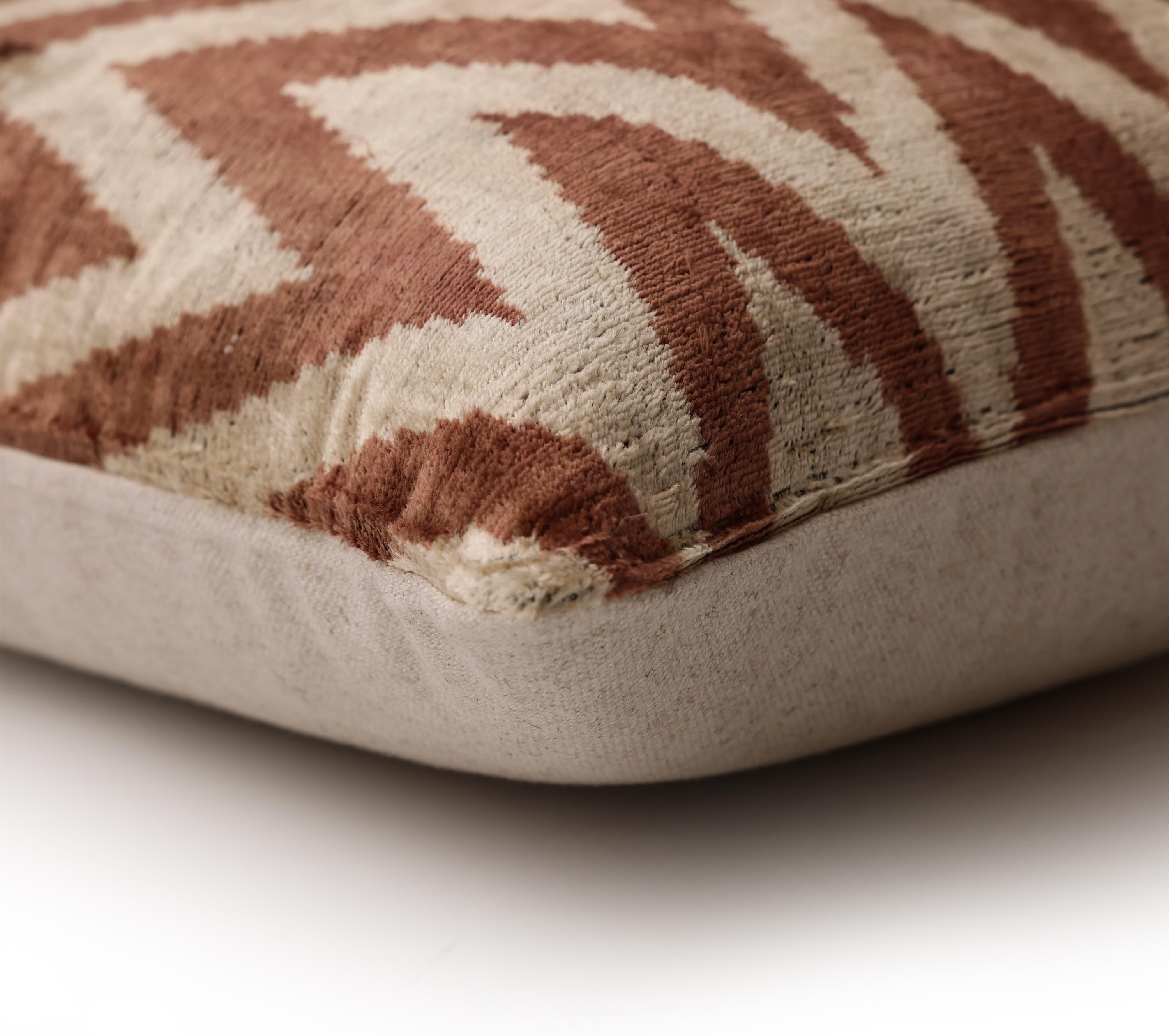 The Rust & Cream Chevron Ikat Silk Velvet Pillow - 20" x 20"