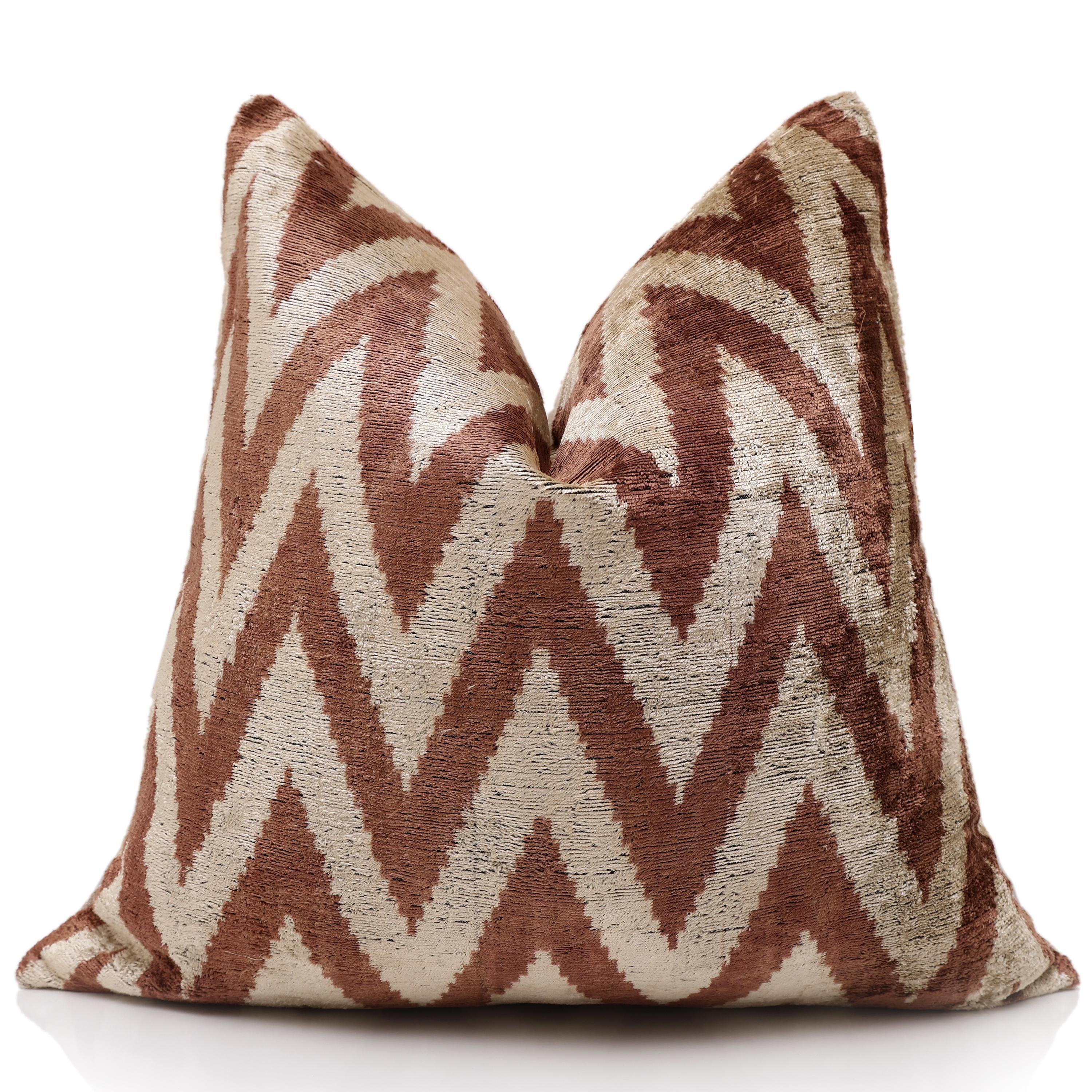 The Rust & Cream Chevron Ikat Silk Velvet Pillow - 20" x 20"