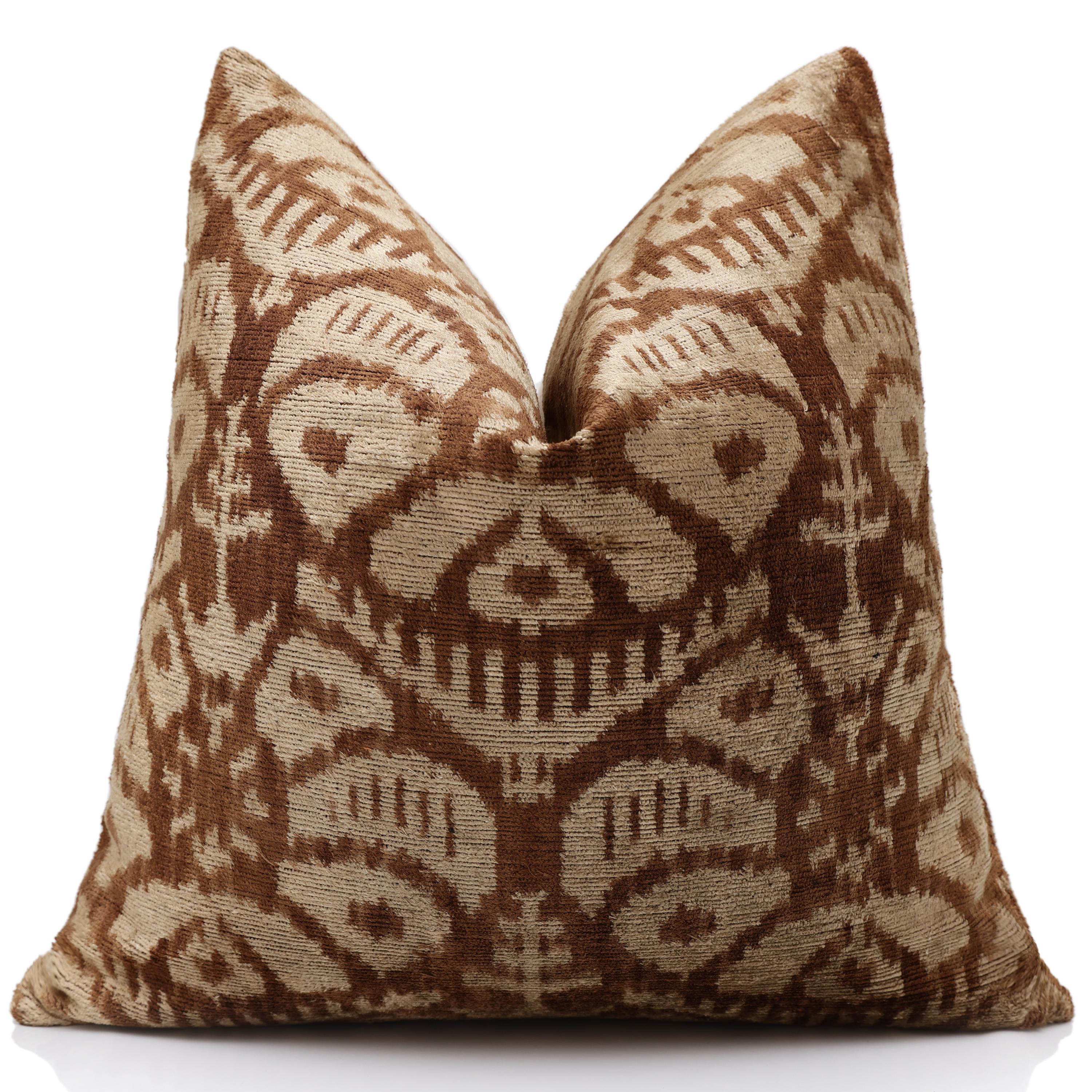 The Cognac & Cream Traditional Ikat Silk Velvet Pillow - 20" x 20"