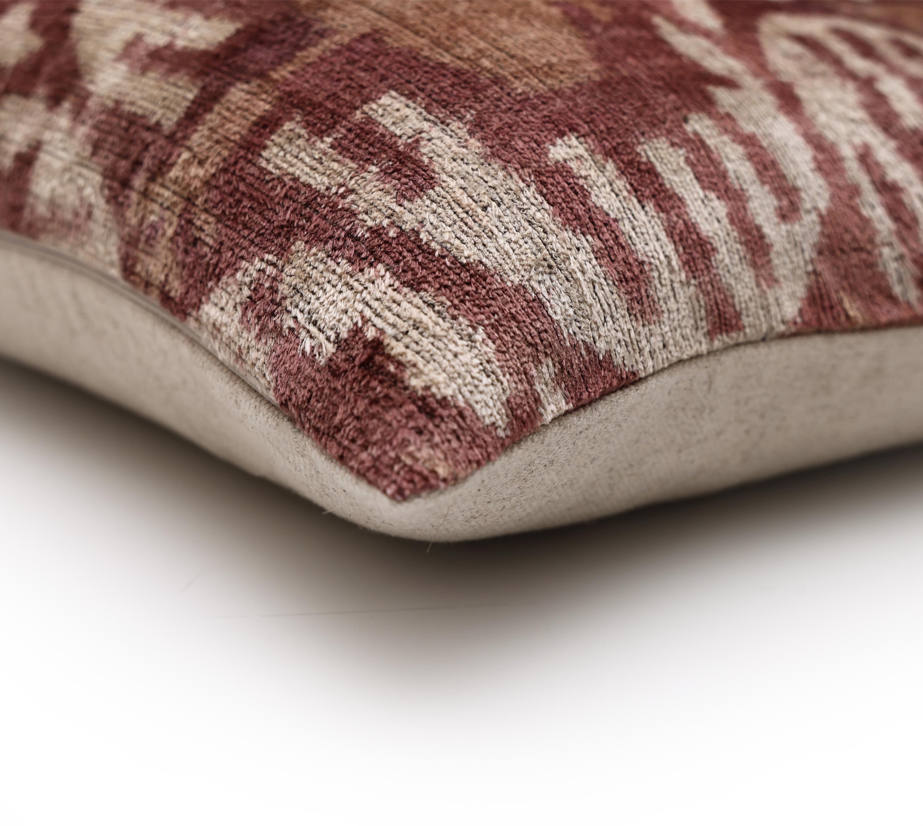 Luxury Handwoven Silk Velvet Throw Pillow 20x20 Inch Burgundy Ikat Pattern