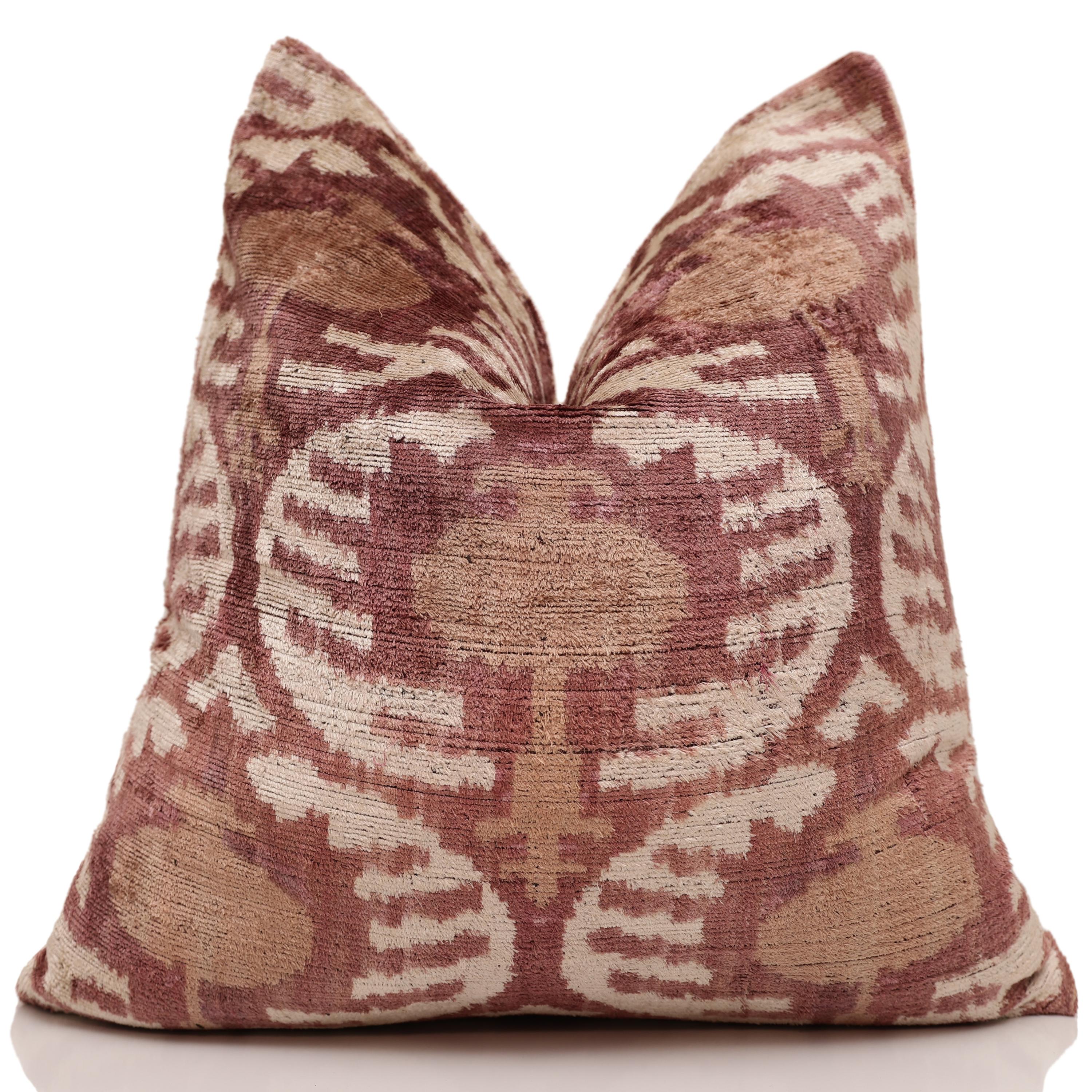 Luxury Handwoven Silk Velvet Throw Pillow 20x20 Inch Burgundy Ikat Pattern