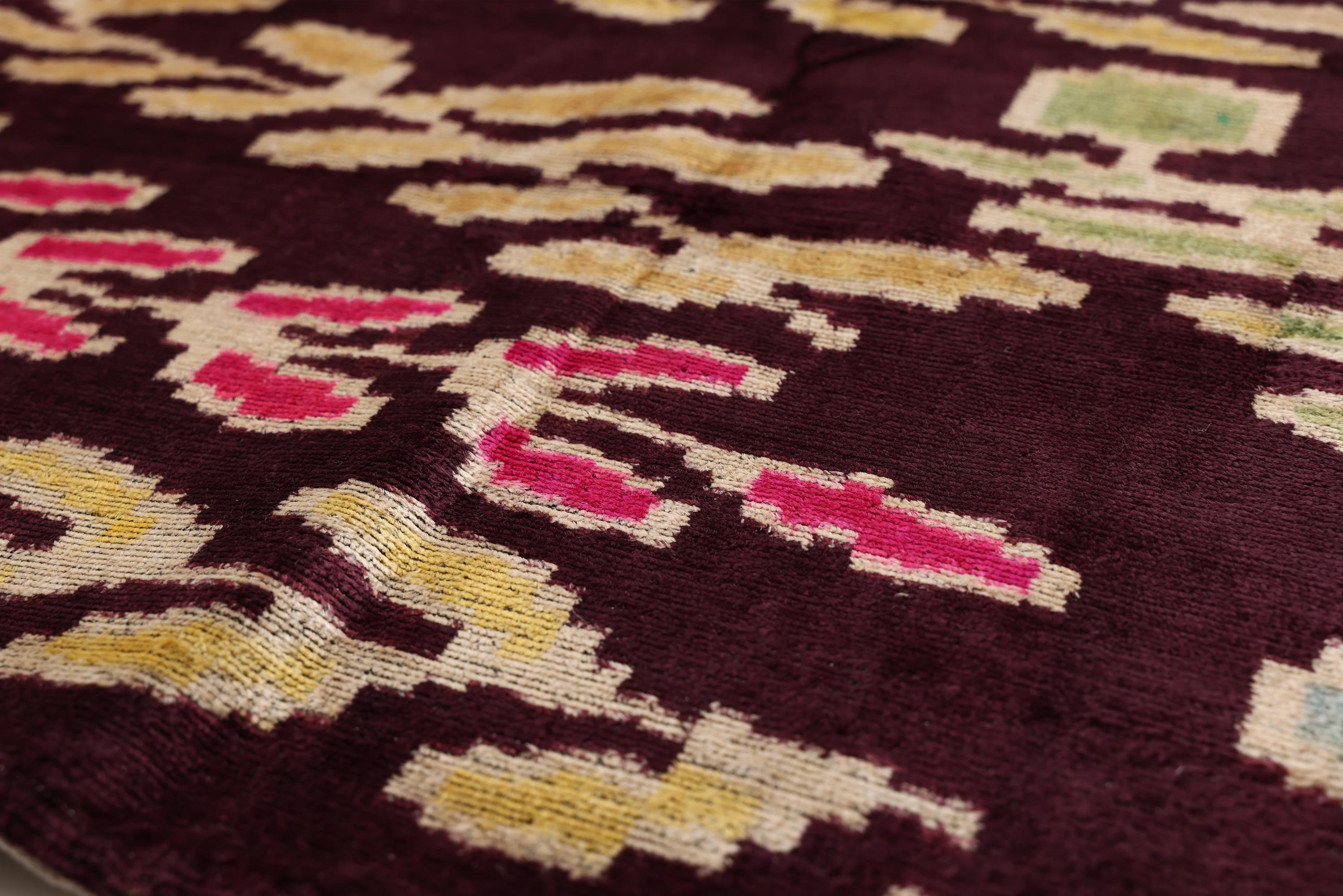 Luxury Handwoven Silk Velvet Ikat Pillow 20x20 Inch – Burgundy & Soft Pastel