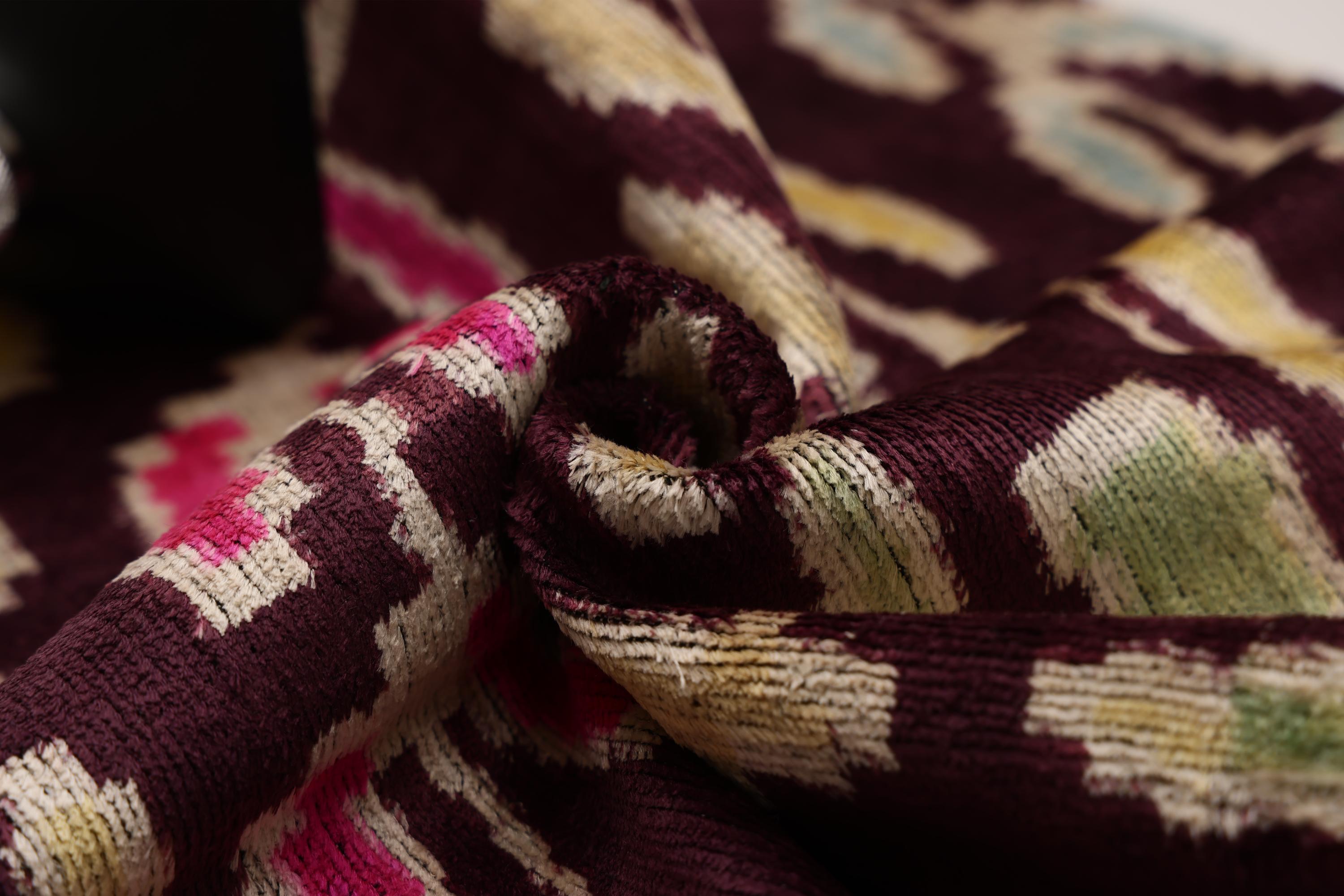 Luxury Handwoven Silk Velvet Ikat Pillow 20x20 Inch – Burgundy & Soft Pastel