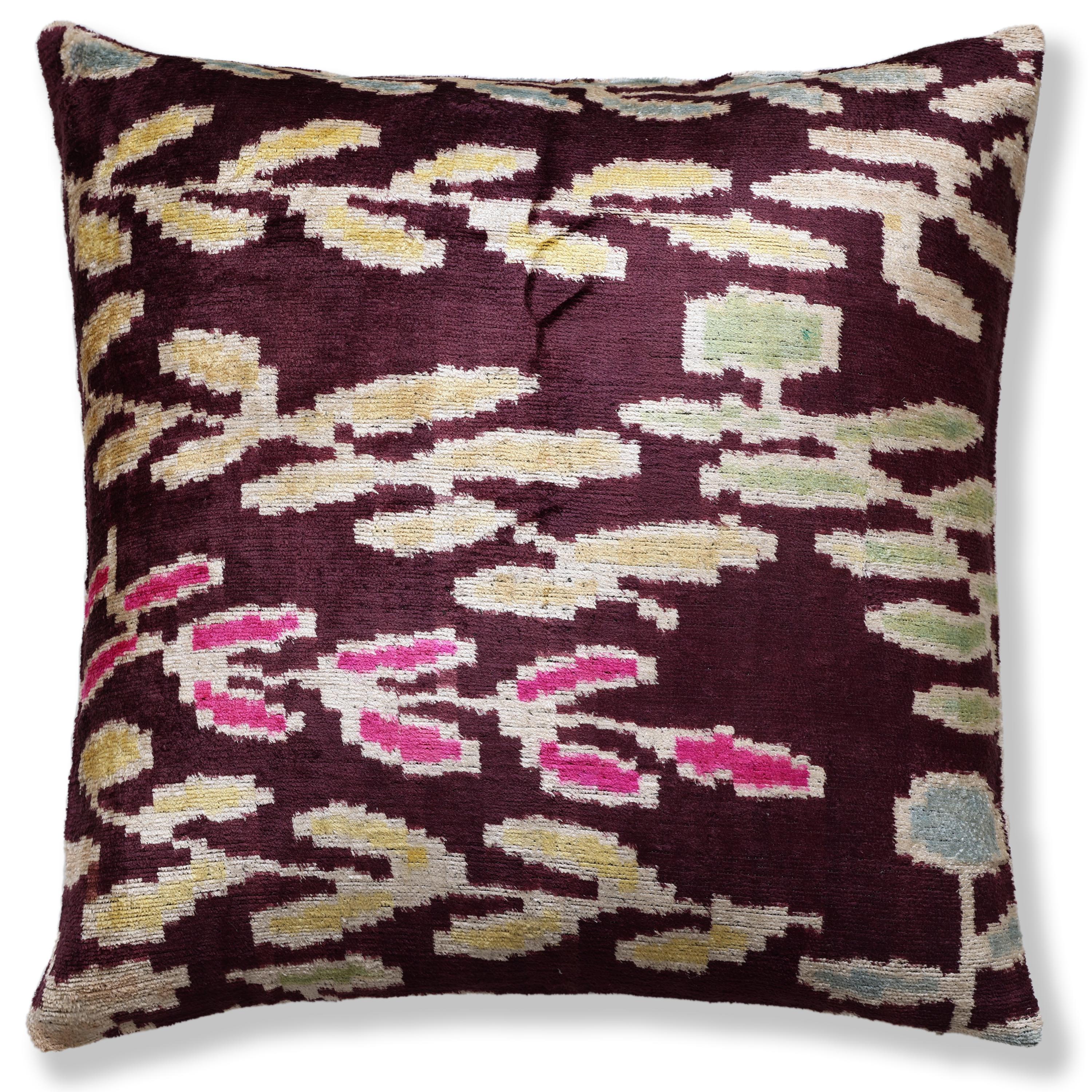 Luxury Handwoven Silk Velvet Ikat Pillow 20x20 Inch – Burgundy & Soft Pastel