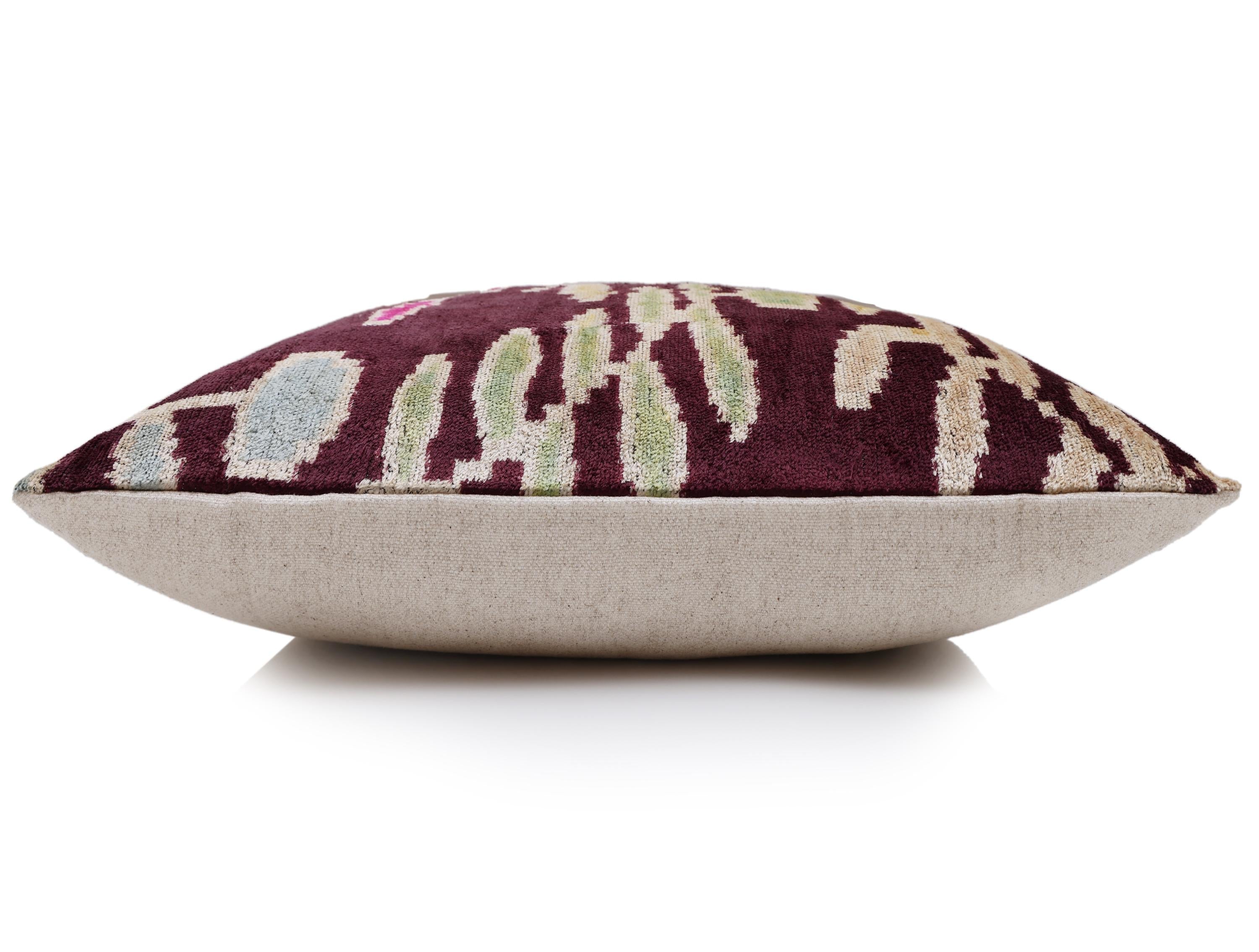 Luxury Handwoven Silk Velvet Ikat Pillow 20x20 Inch – Burgundy & Soft Pastel
