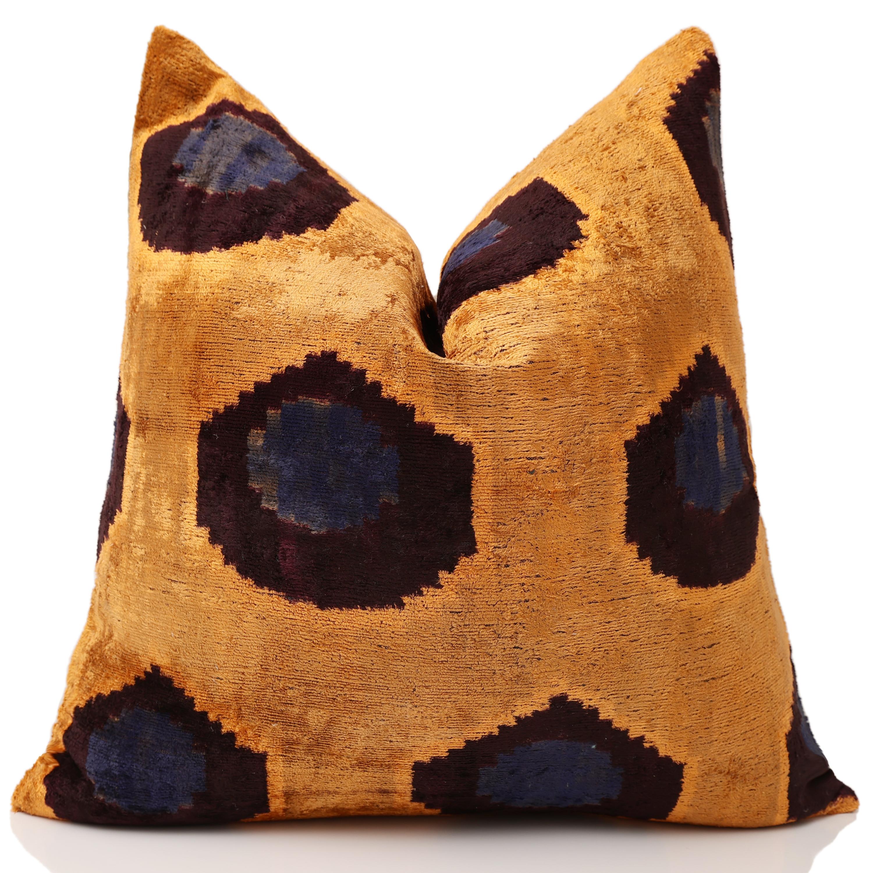 Luxury Handwoven Silk Velvet Ikat Throw Pillow 20x20 Inch | Organic Vegetable Dyed