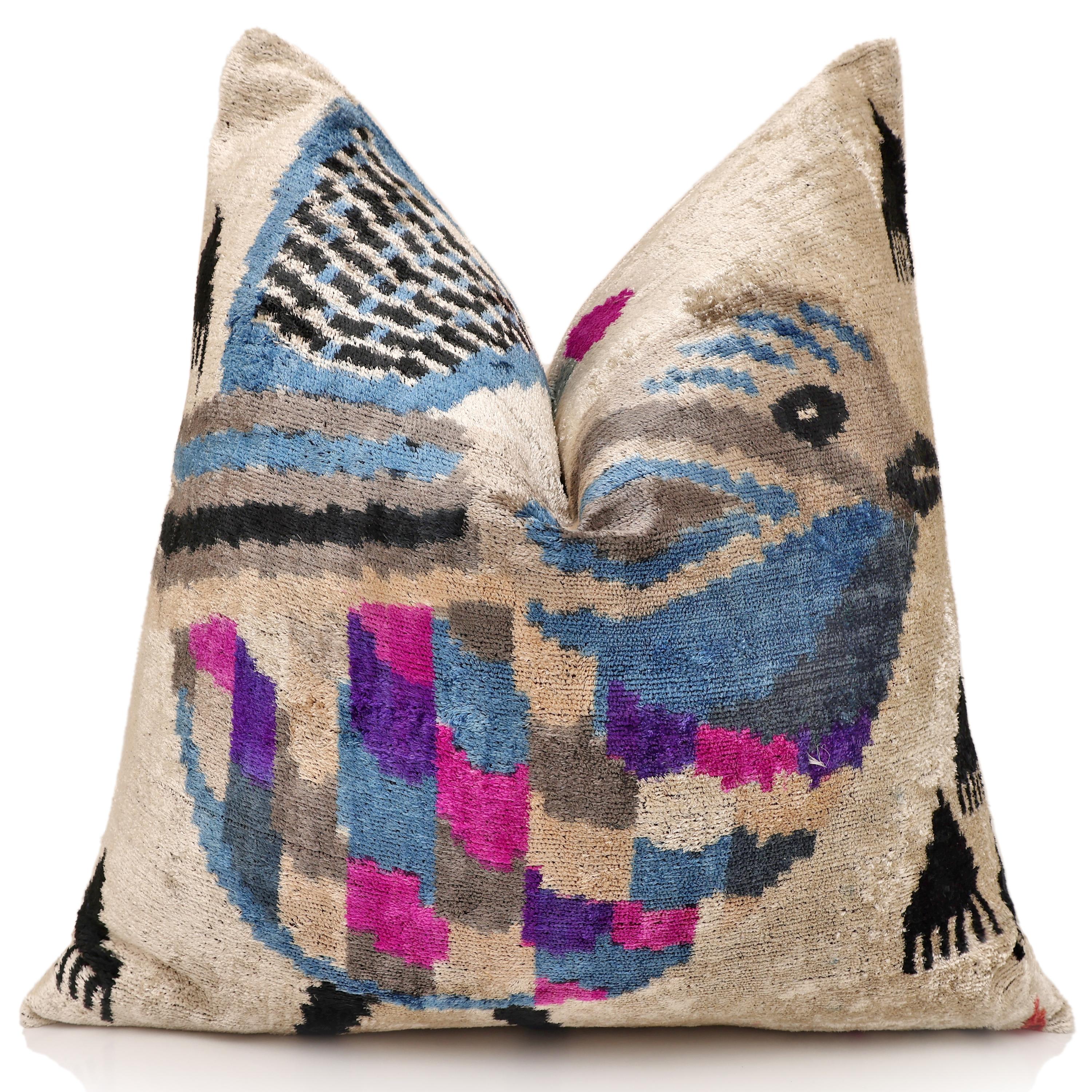 The Geometric Blue Bird Silk Velvet Pillow - 20" x 20"