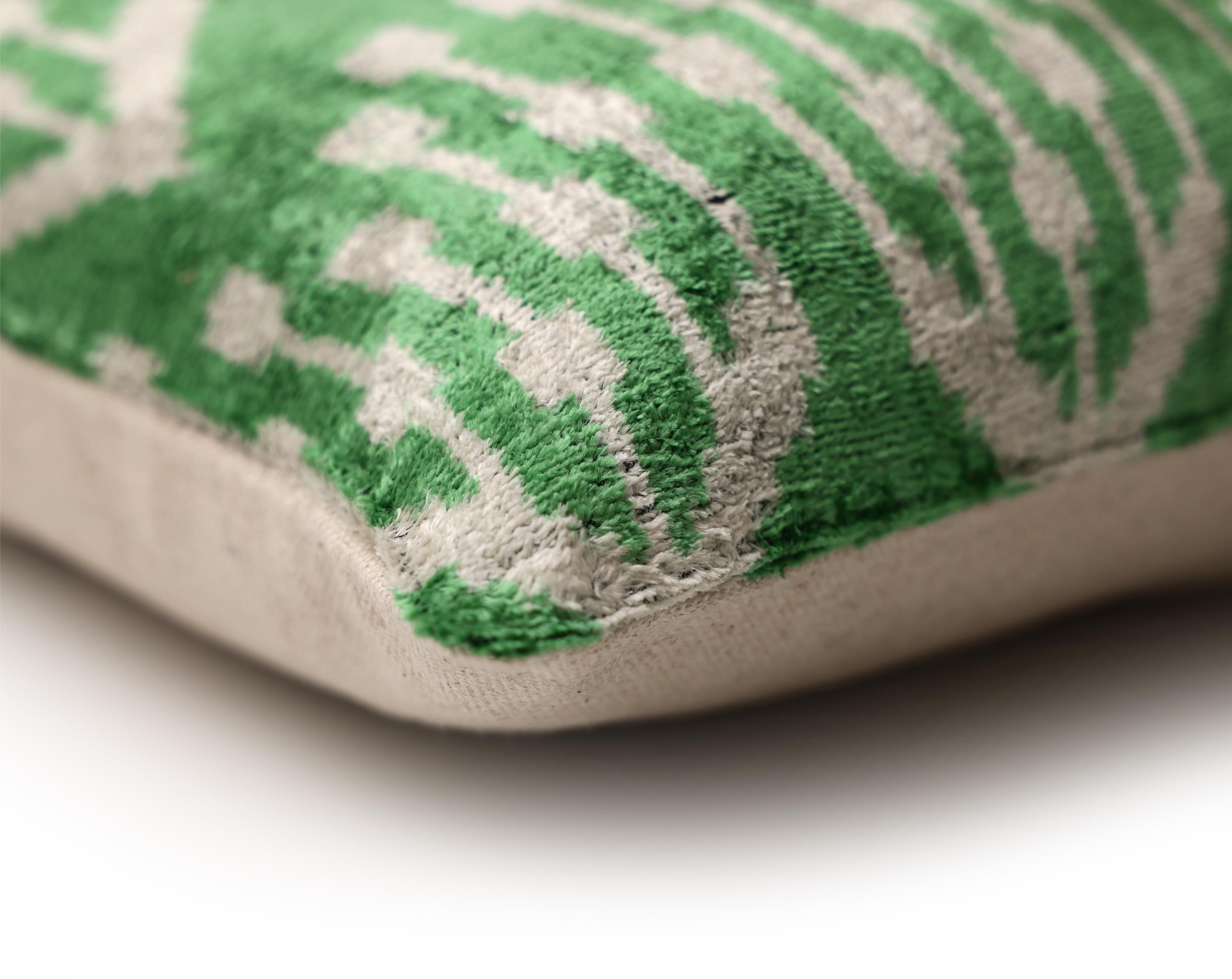 Handwoven Green Ikat Silk Velvet Pillow 20x20 Inch | Luxury Organic Decorative Throw Pillow