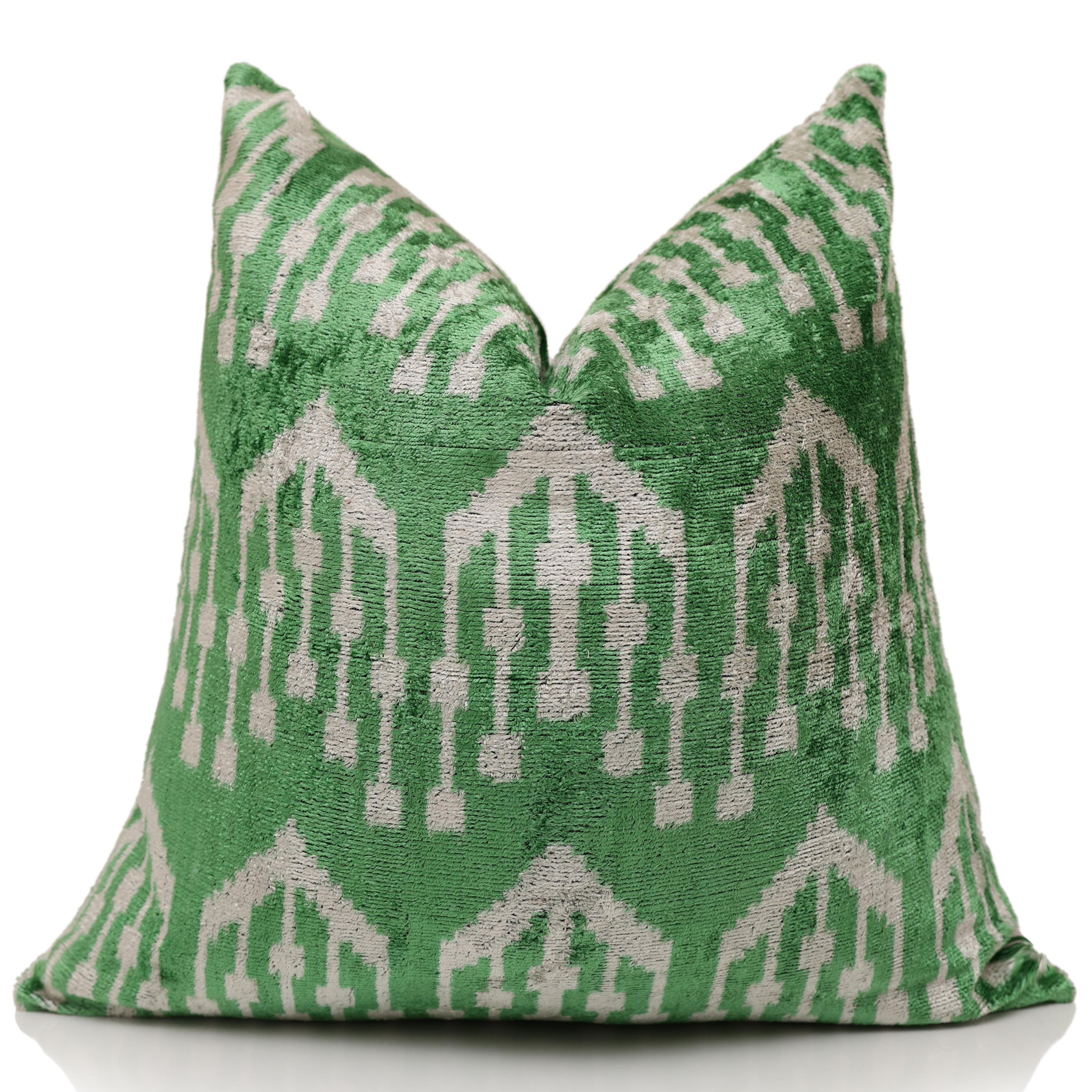 Handwoven Green Ikat Silk Velvet Pillow 20x20 Inch | Luxury Organic Decorative Throw Pillow