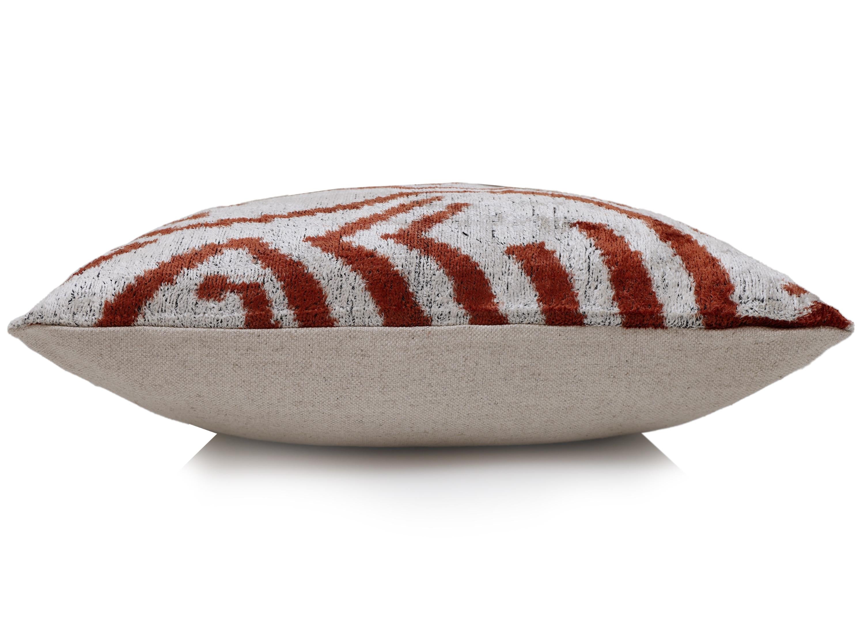 Luxury Handwoven Silk Velvet Ikat Pillow 20x20 Inch – Rust & Ivory