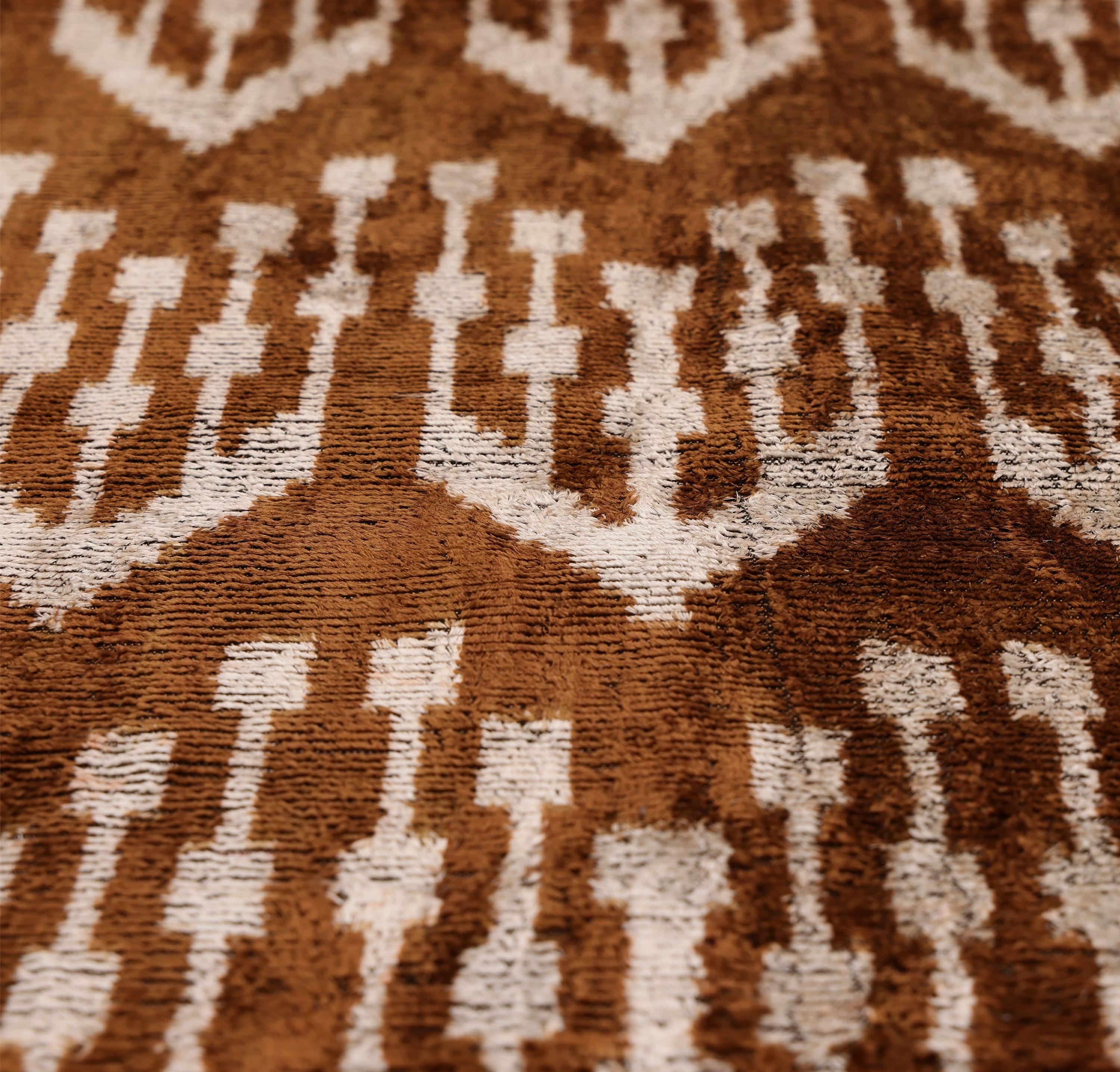 Luxury Handwoven Ikat Silk Velvet Pillow 20x20 Inch – Earthy Brown & Ivory