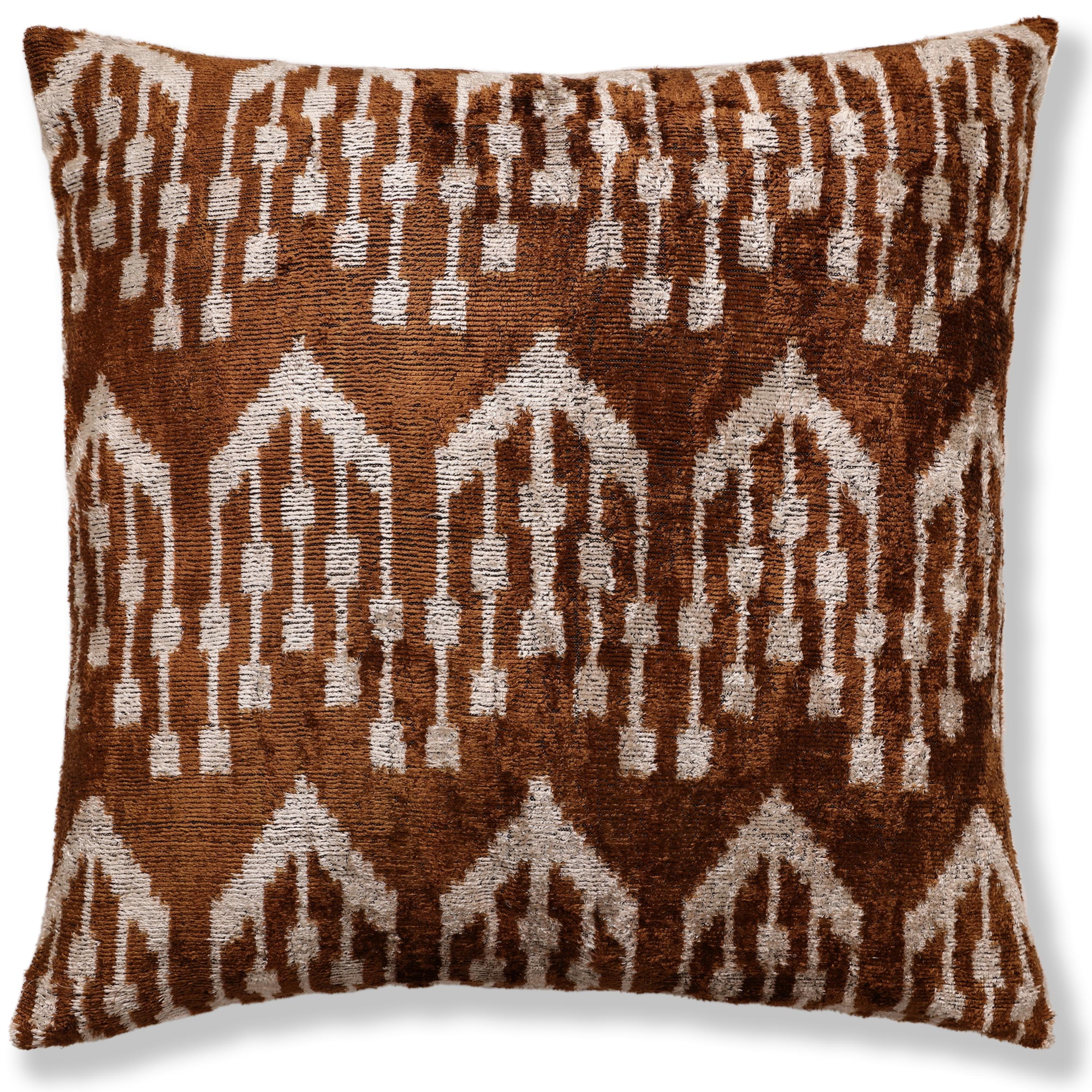 Luxury Handwoven Ikat Silk Velvet Pillow 20x20 Inch – Earthy Brown & Ivory