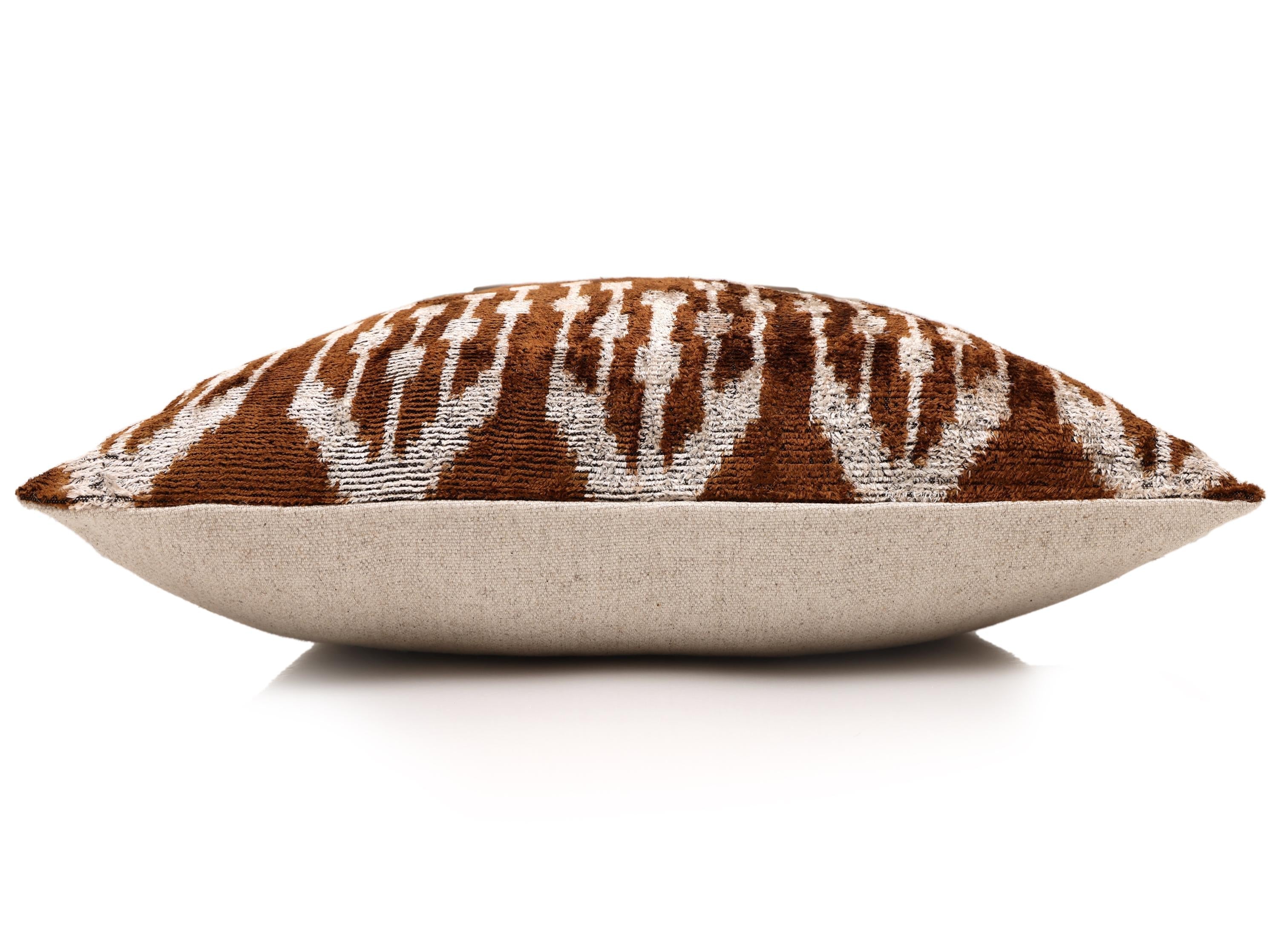 Luxury Handwoven Ikat Silk Velvet Pillow 20x20 Inch – Earthy Brown & Ivory