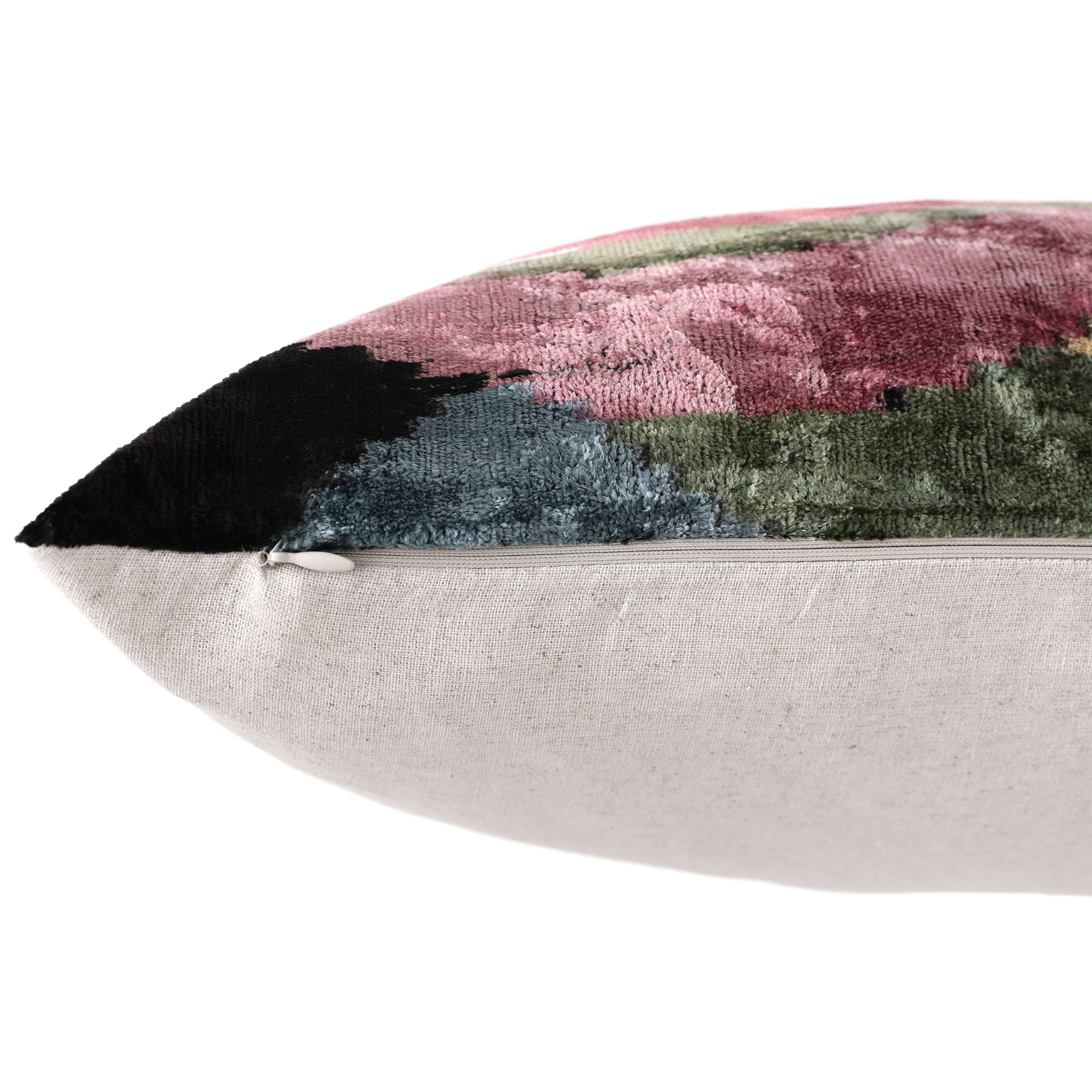 Hand-Knotted Abstract Wave Silk Velvet Lumbar - 16x24 Sage & Mauve