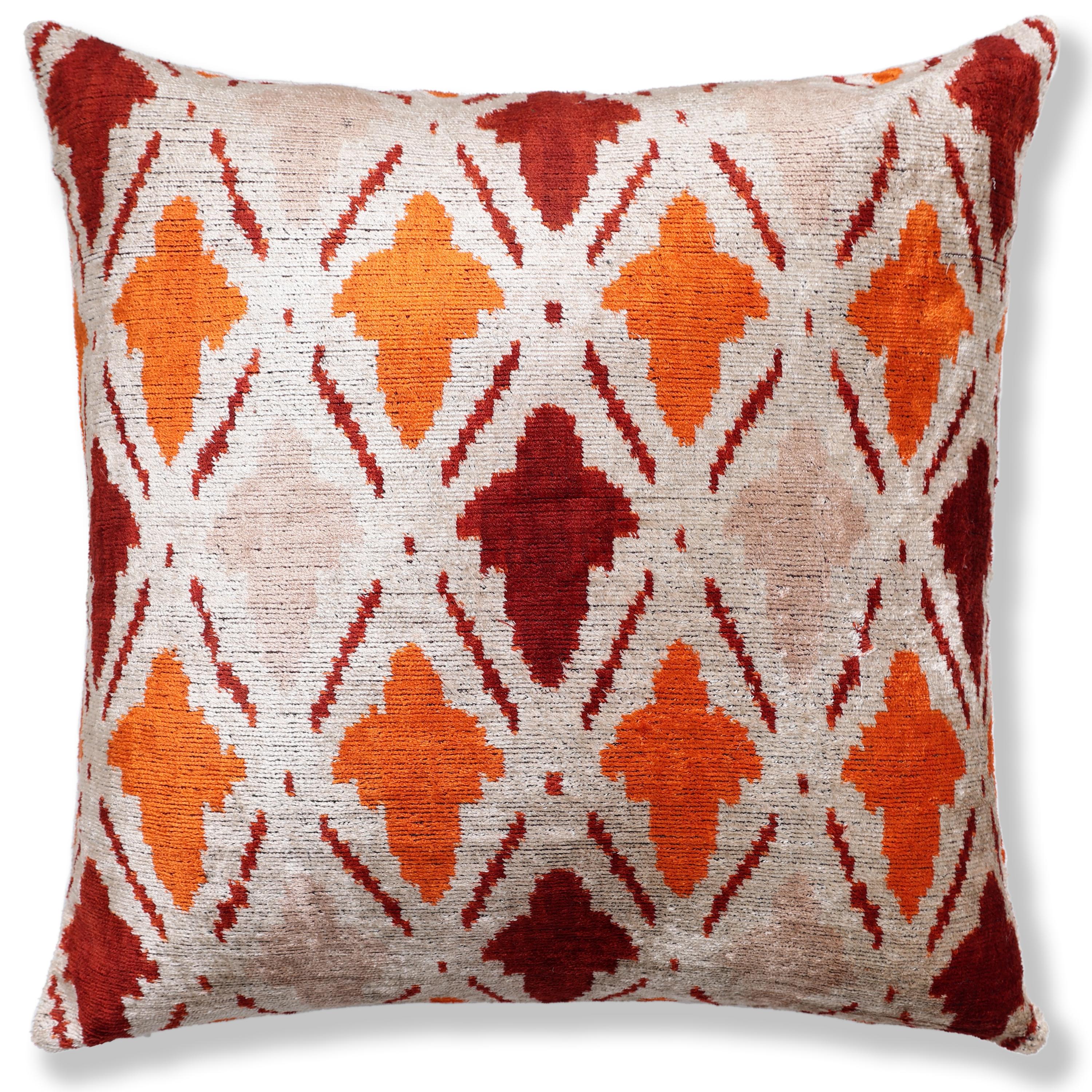 Handwoven Ikat Silk Velvet Throw Pillow 20x20 – Terracotta Rust & Ivory