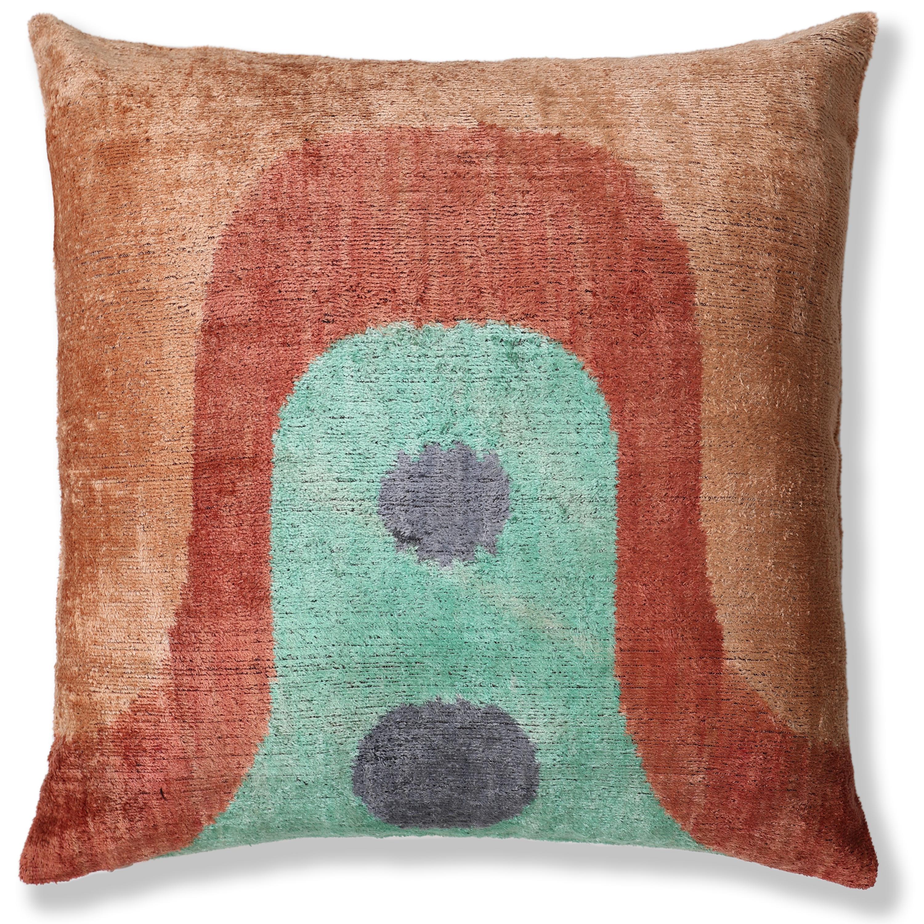 Hand-Knotted Abstract Arch Silk Velvet Pillow - 20x20 Rust & Mint