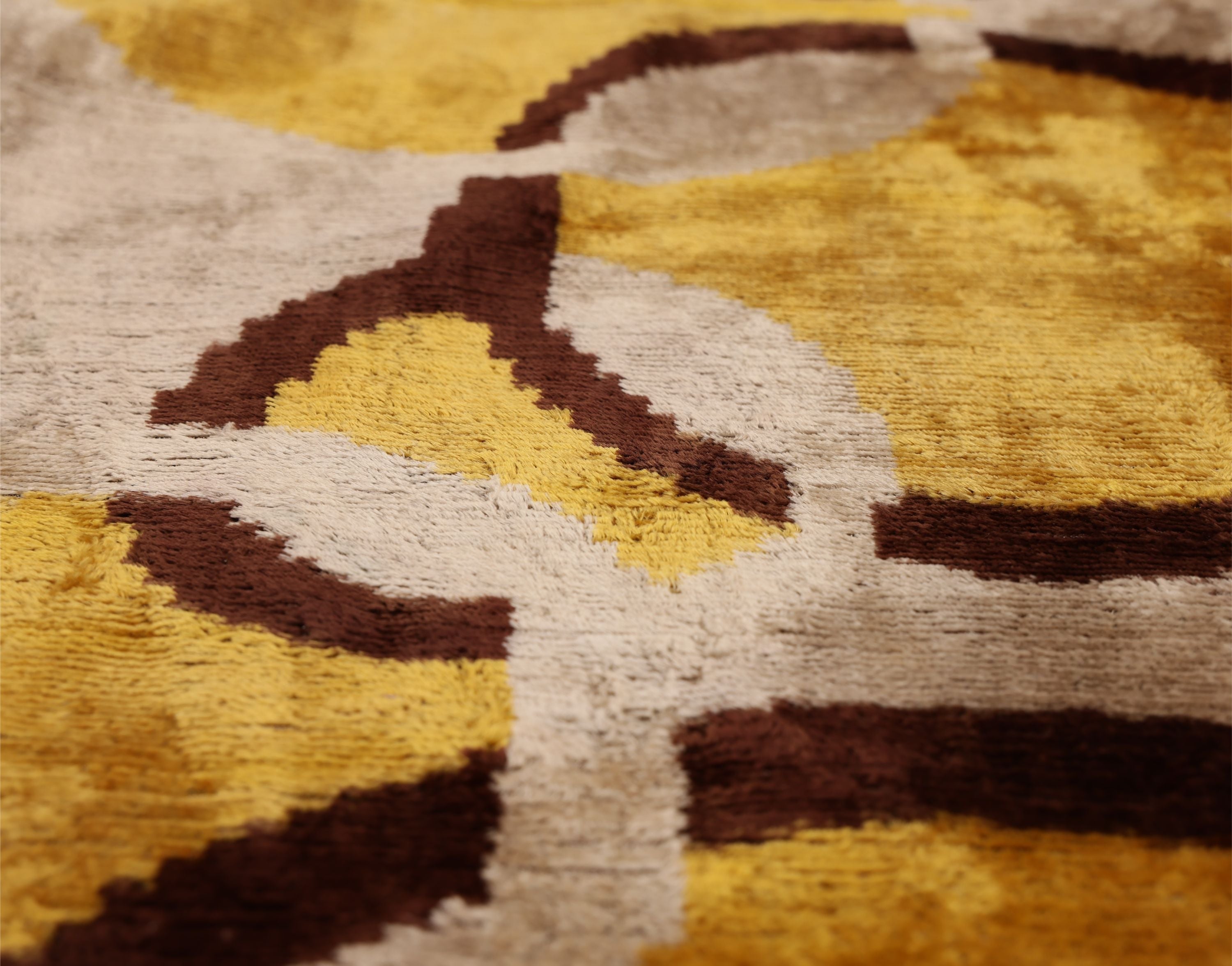 Luxury Mustard, Cream and Chocolate Silk Velvet Ikat Lumbar Pillow 16x24 Inch with Down Insert