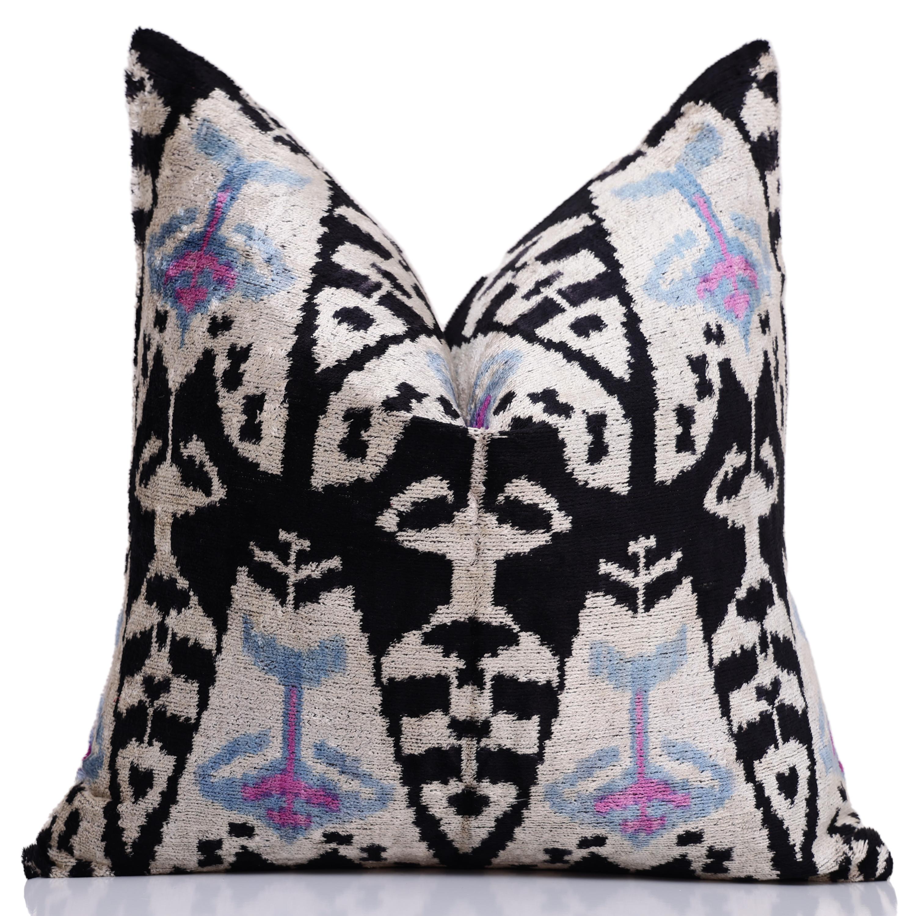 Black & Ivory Geometric Silk Velvet Throw Pillow | 20x20 Inch (50x50 cm)