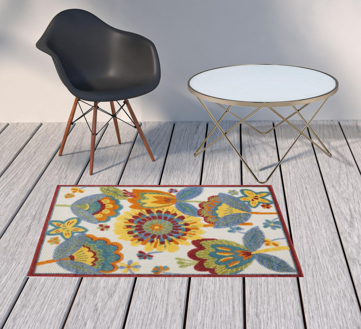 3' X 4' Yellow And Teal Floral Non Skid Indoor Outdoor Area Rug-1