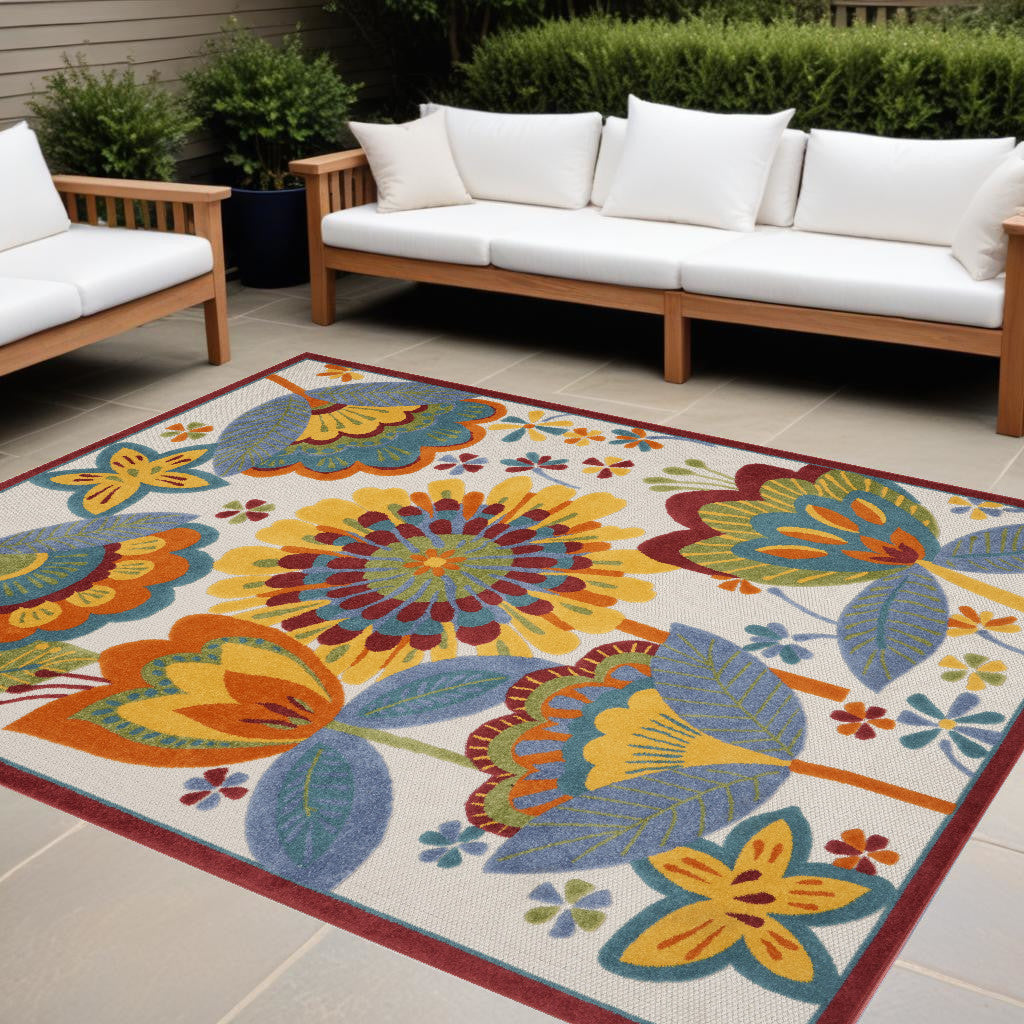 9' X 12' White Yellow And Blue Floral Non Skid Indoor Outdoor Area Rug-0