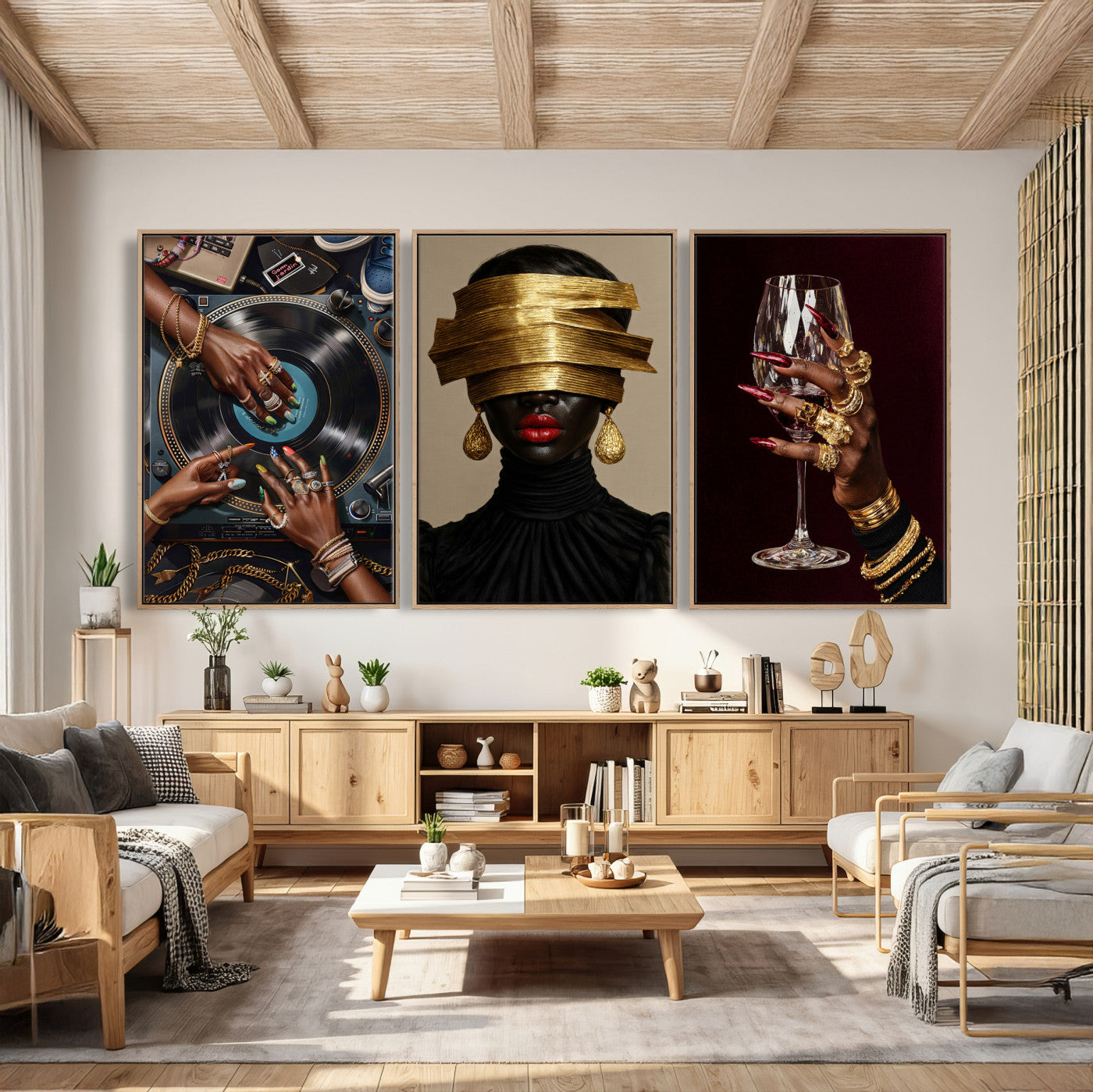 Luxury Fashion Wall Art Canvas Print Set of 3, Gold Jewelry