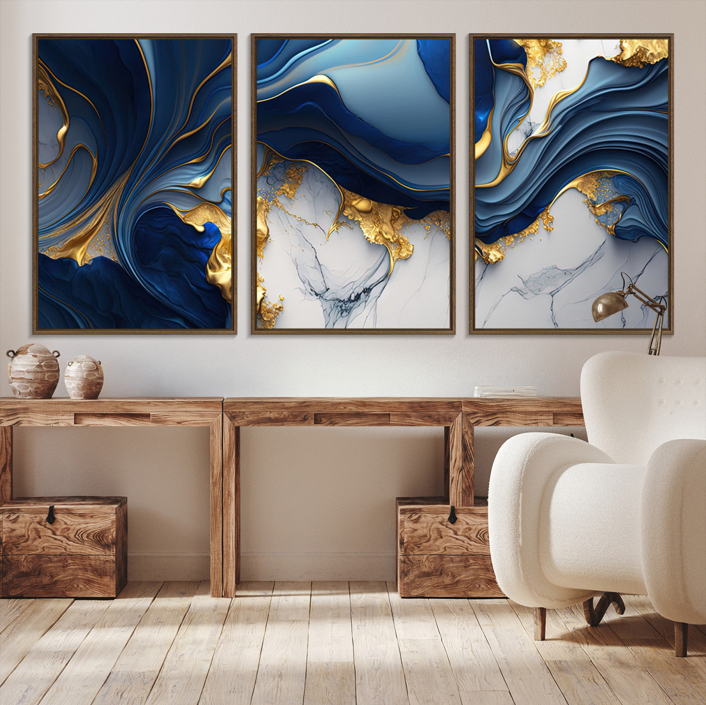 Blue Marble Wall Art Canvas Print – Framed Gold Veins
