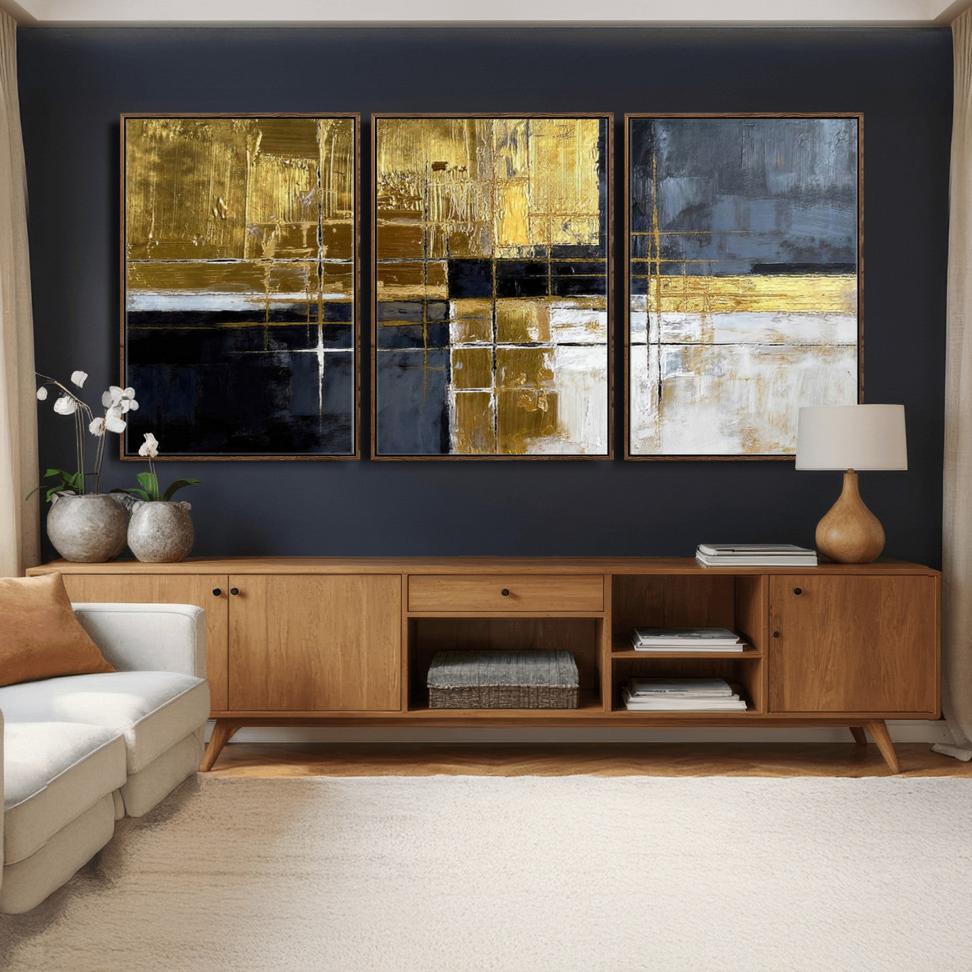 Gold Navy Abstract Wall Art Canvas Print, Modern Luxury