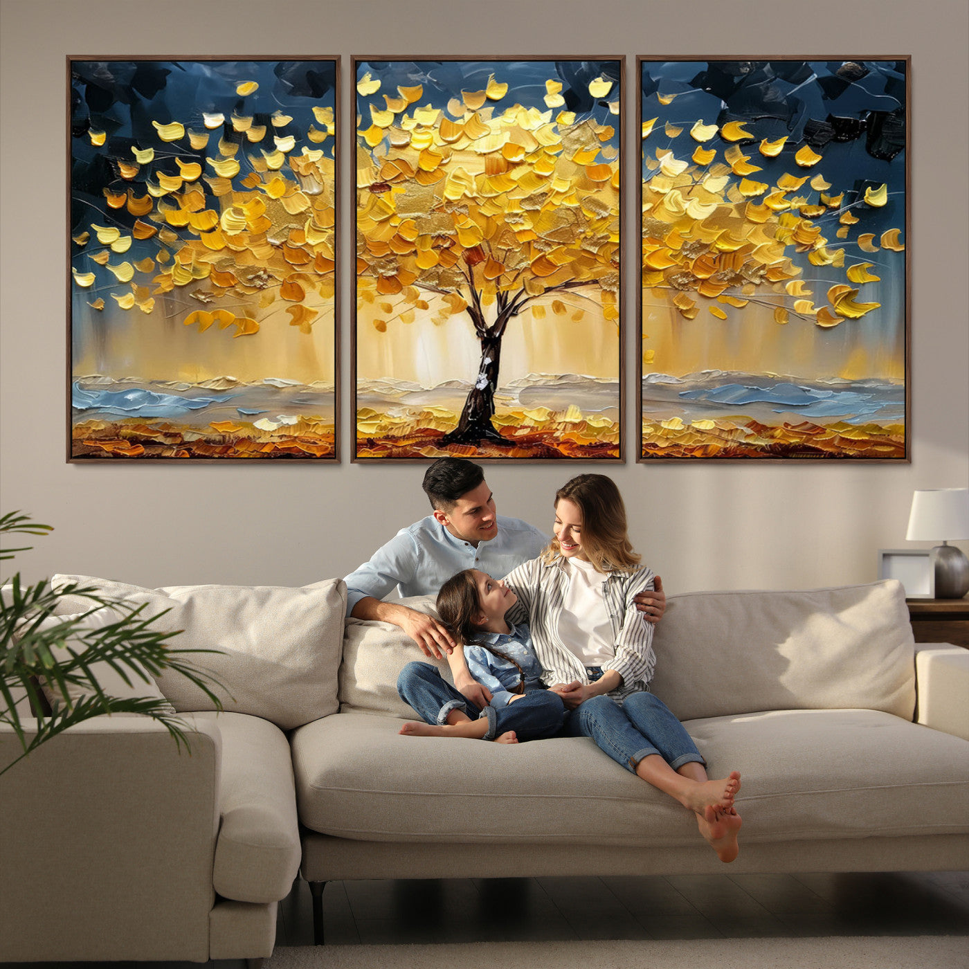 Golden Tree Wall Art – Framed Autumn Leaves Canvas Artwork,
