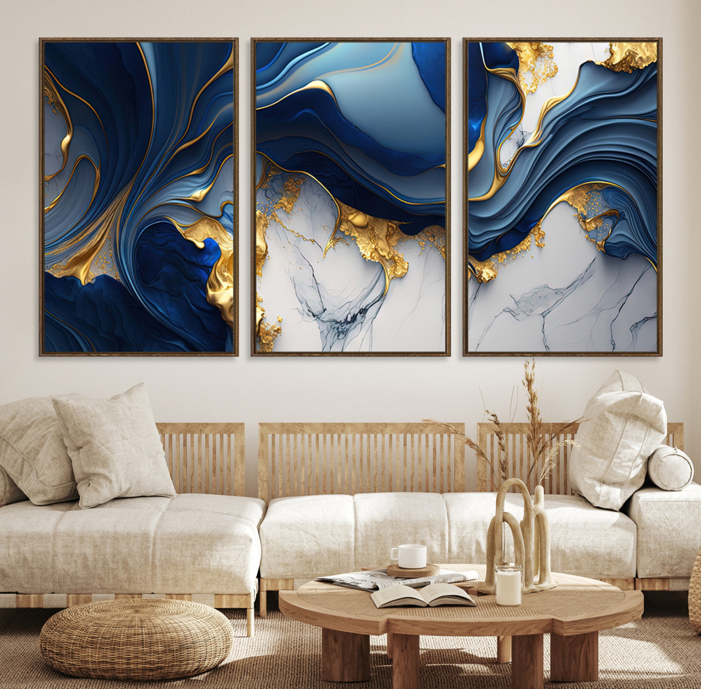 Blue Marble Wall Art Canvas Print – Framed Gold Veins