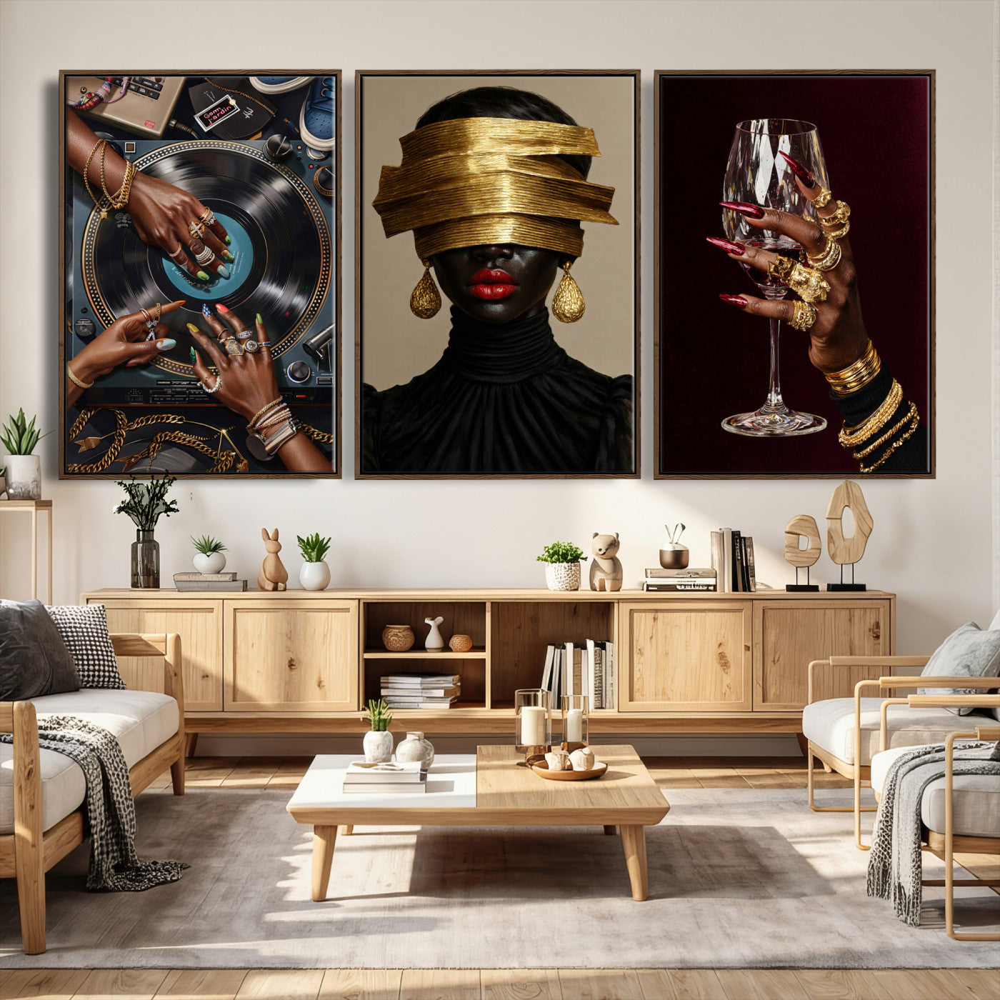 Luxury Fashion Wall Art Canvas Print Set of 3, Gold Jewelry