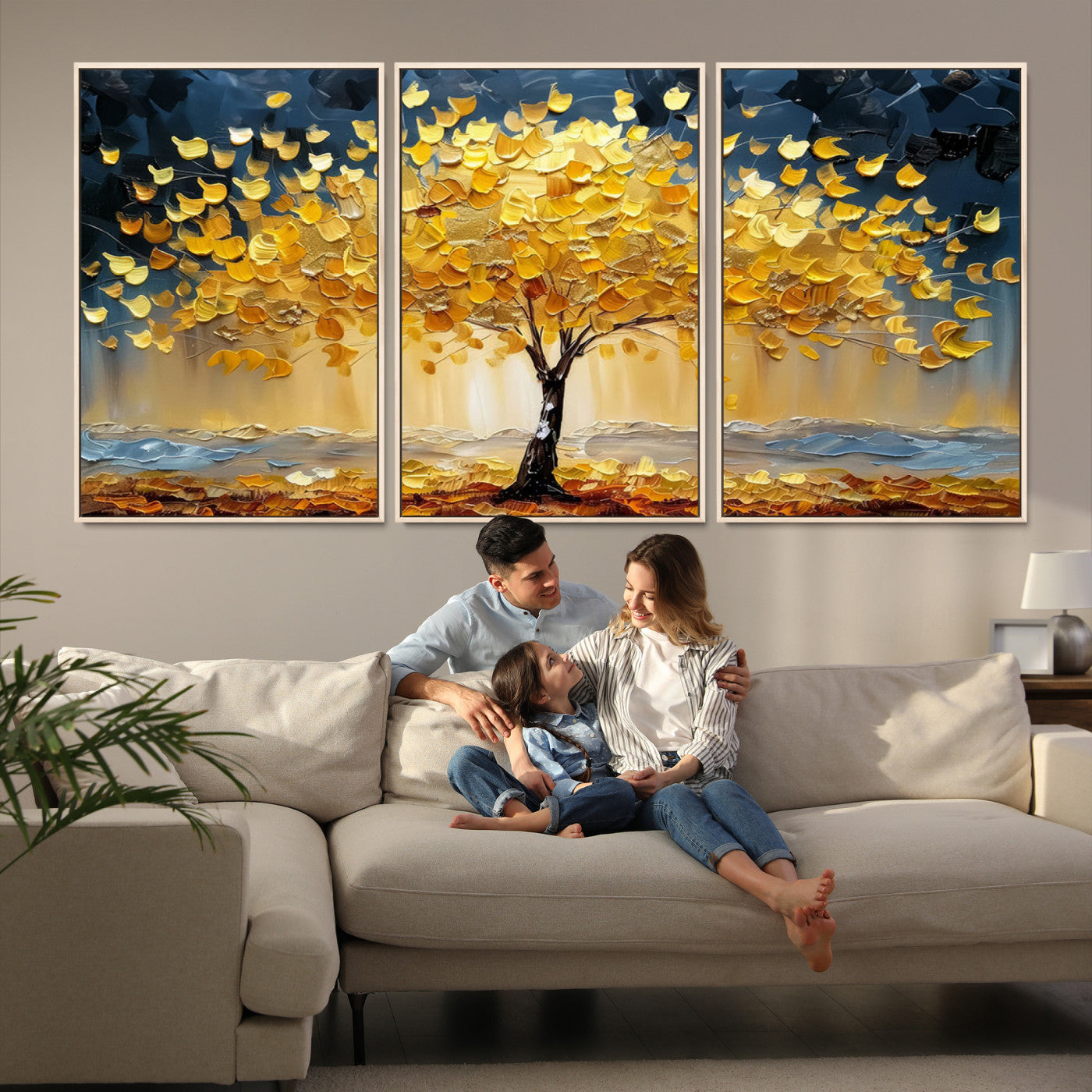 Golden Tree Wall Art – Framed Autumn Leaves Canvas Artwork,