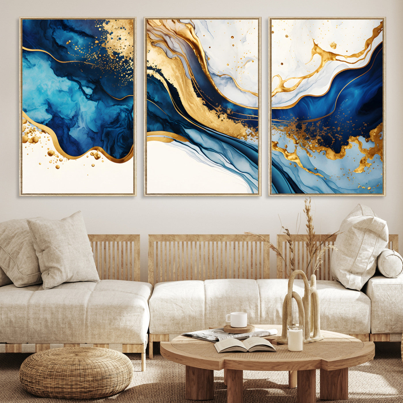 Blue Gold Flow Wall Art Canvas Print – Framed Marble Design