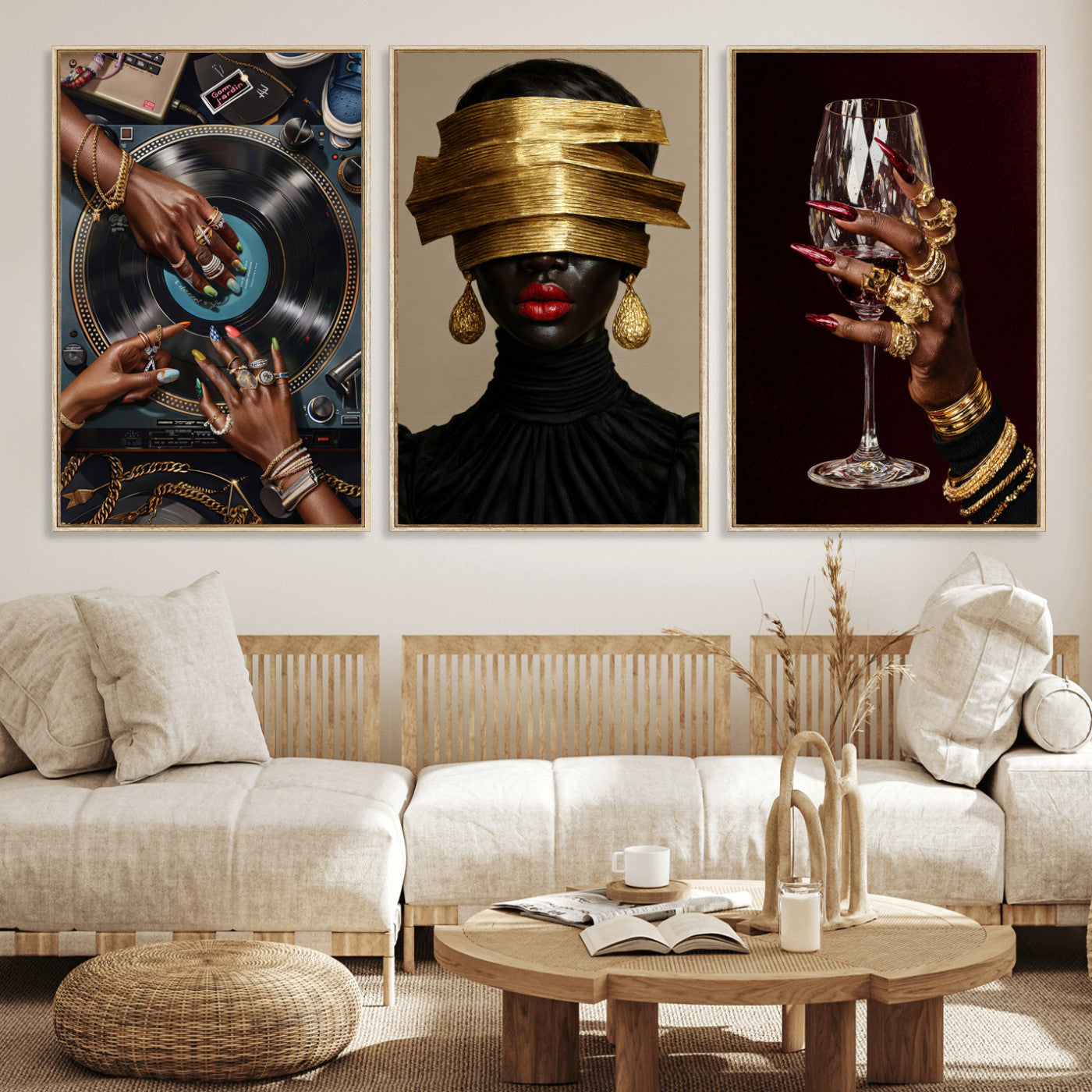 Luxury Fashion Wall Art Canvas Print Set of 3, Gold Jewelry