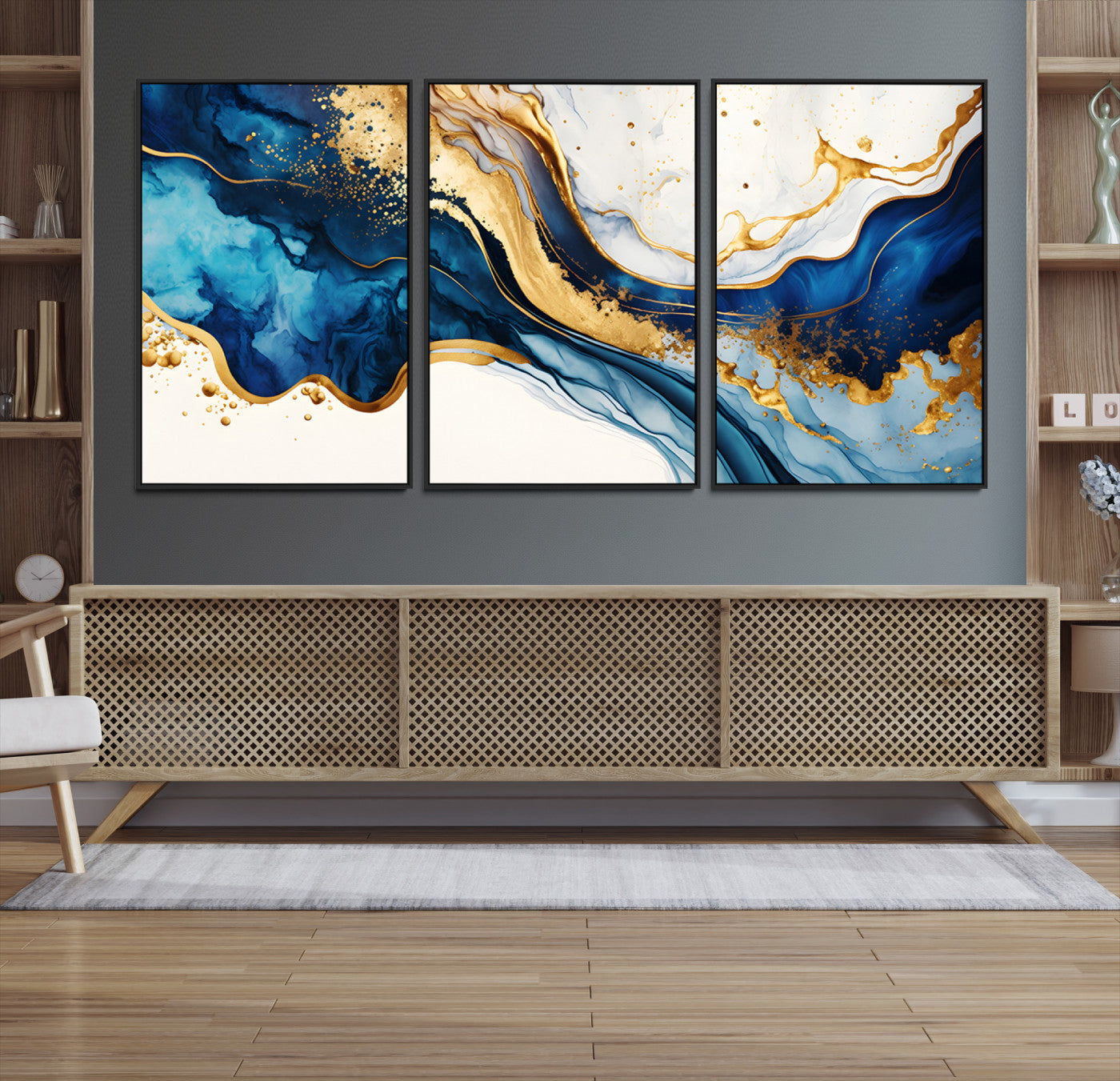 Blue Gold Flow Wall Art Canvas Print – Framed Marble Design