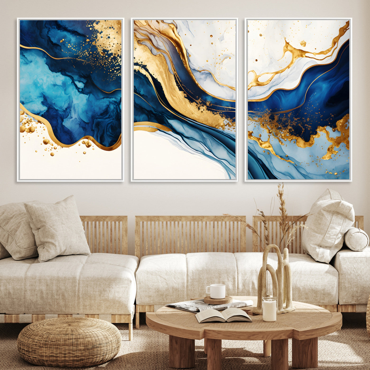 Blue Gold Flow Wall Art Canvas Print – Framed Marble Design