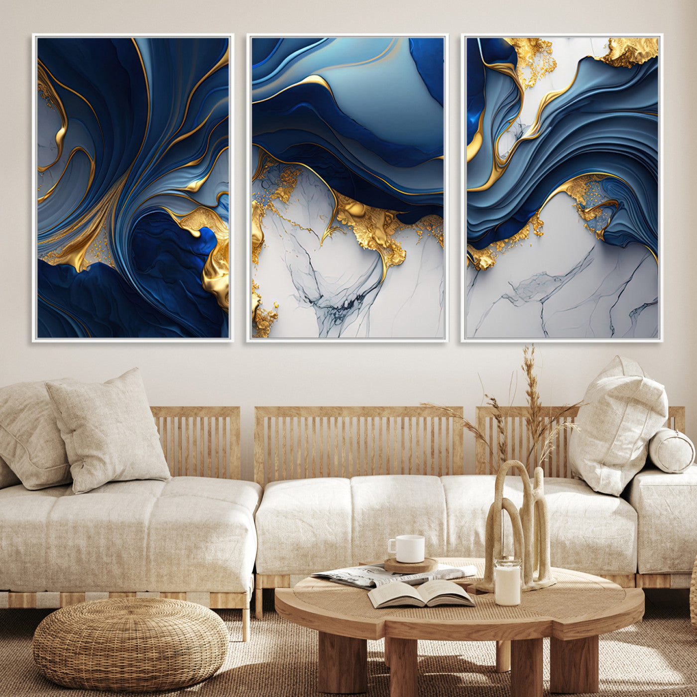 Blue Marble Wall Art Canvas Print – Framed Gold Veins